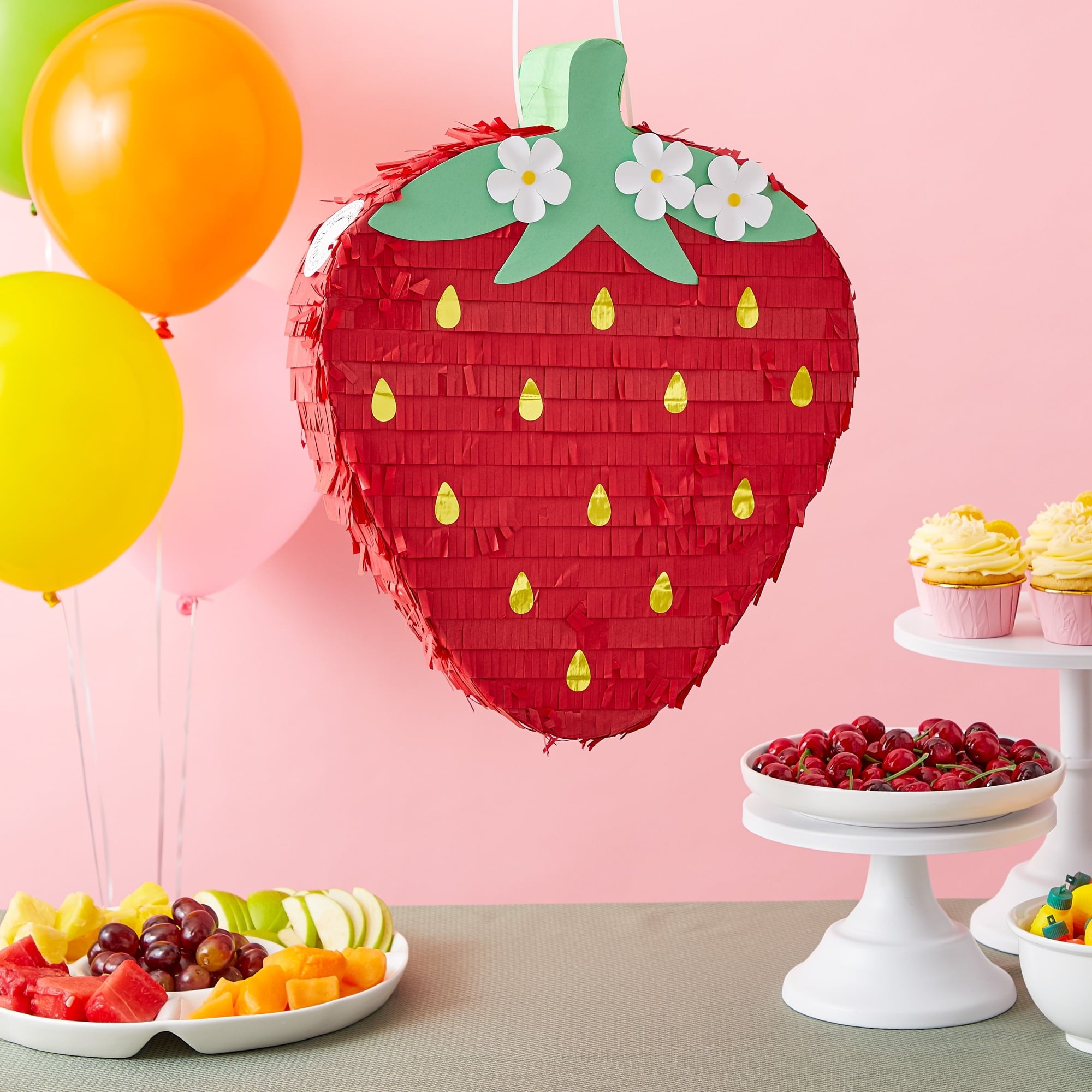 Strawberry Pinata - Fruit Themed Summer Birthday Party Decorations (Small, 16.5 x 13 x 3 in)