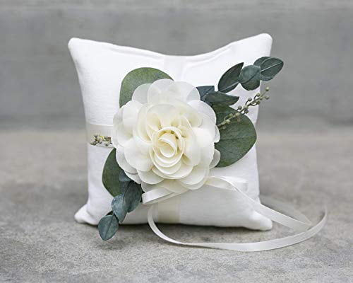 Ring Bearer Pillow - Ivory Linen-look Ring Bearer Pillow - Wedding Ring Pillow - Modern Ring Bearer Cushion with Eucalyptus Greenery by