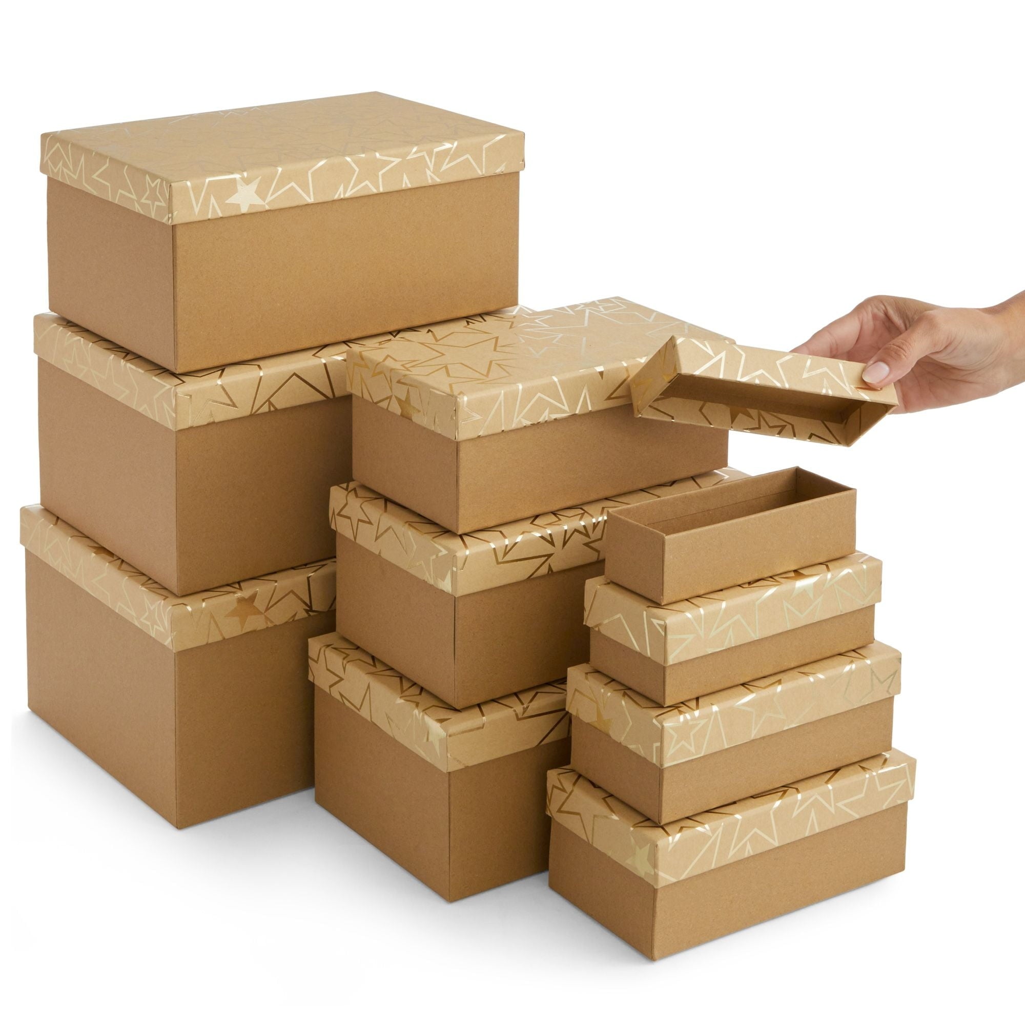 Set of 10 Nesting Gift Boxes with Lids, Cardboard Box with Gold Foil Star Designs (10 Sizes)