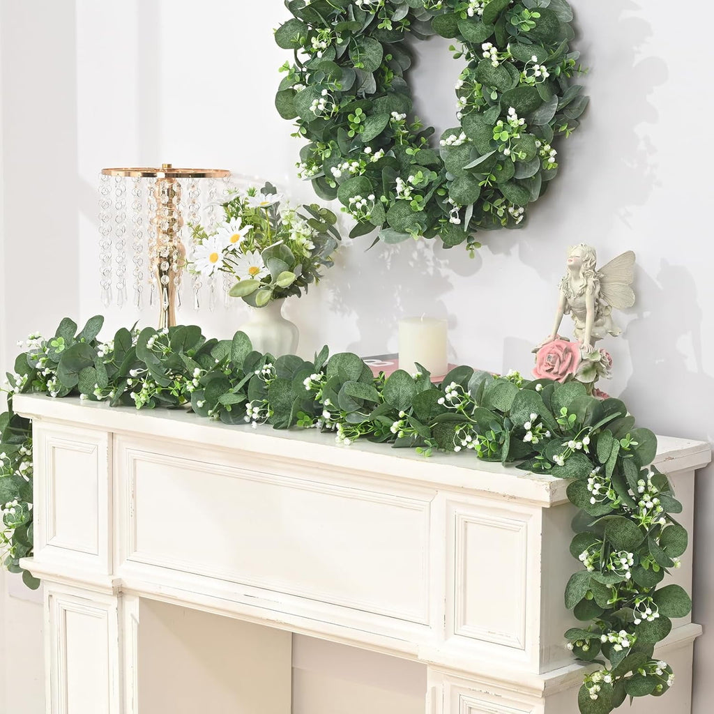 Waipfaru 4 Pack Eucalyptus Garland with Flowers,6FT Greenery Garland Decor,Artificial Eucalyptus Leaves Vines for Table Home Wedding Mantle Decoration