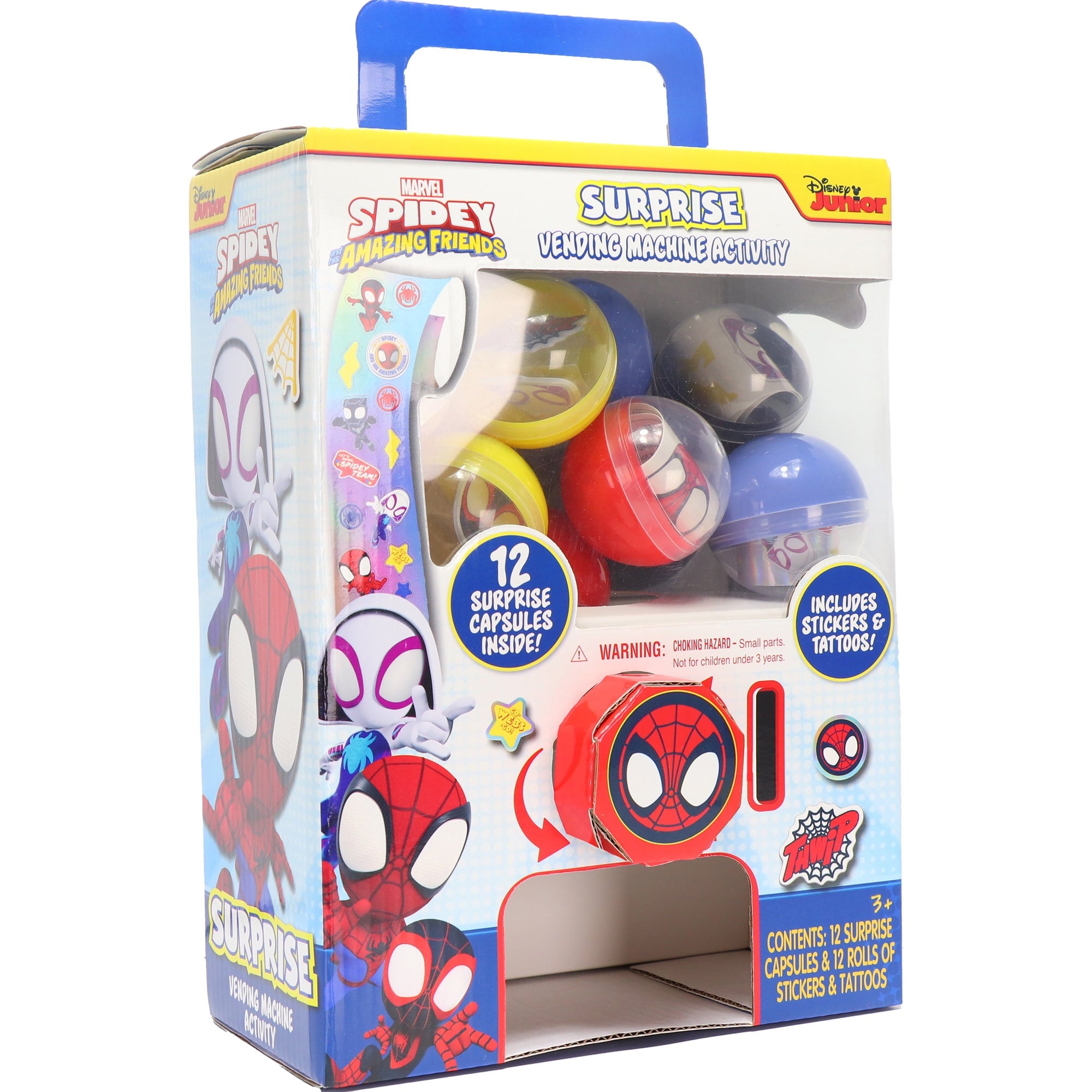 Tara Toy: Surprise Vending Machine: Spidey & His Amazing Friends - 12 Capsules, Sticker & Tattoo Rolls, Puffy & Metallic, Glow-In-The Dark, Kids 3+
