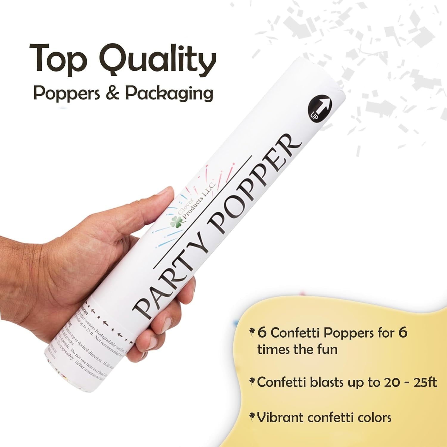 Clover Products Premium Wedding Confetti Cannon – (6 Pack) White Biodegradable Paper Confetti Popper | Launches Confetti 20 – 25 feet | Party Poppers
