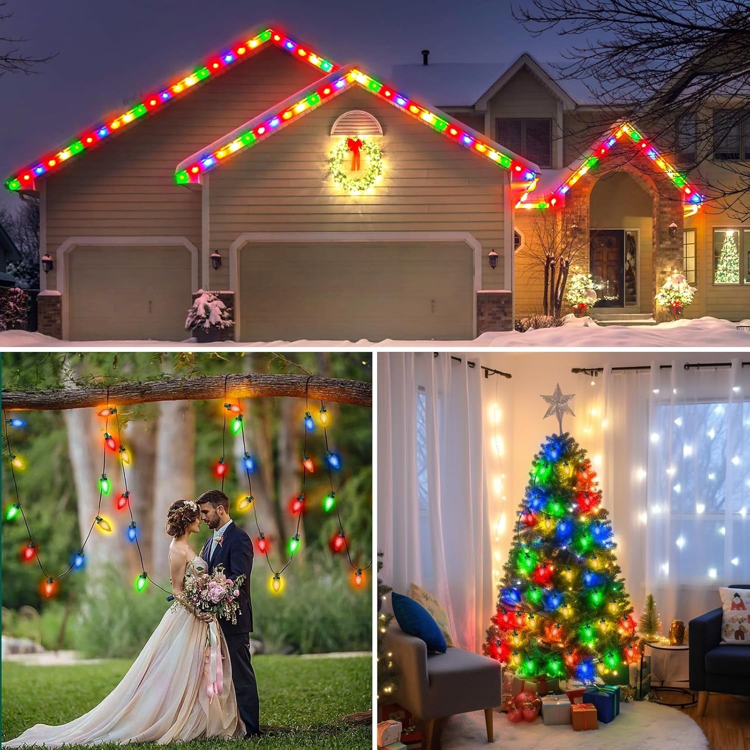 Nordic Hygge 34FT 50 Bulbs Outdoor Christmas Decorations for House Waterproof String Lights, Multicolor