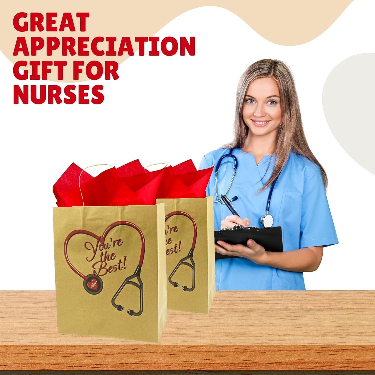 4E's Novelty Nurse Gift Bags 12-Pack, Kraft Paper for Appreciation