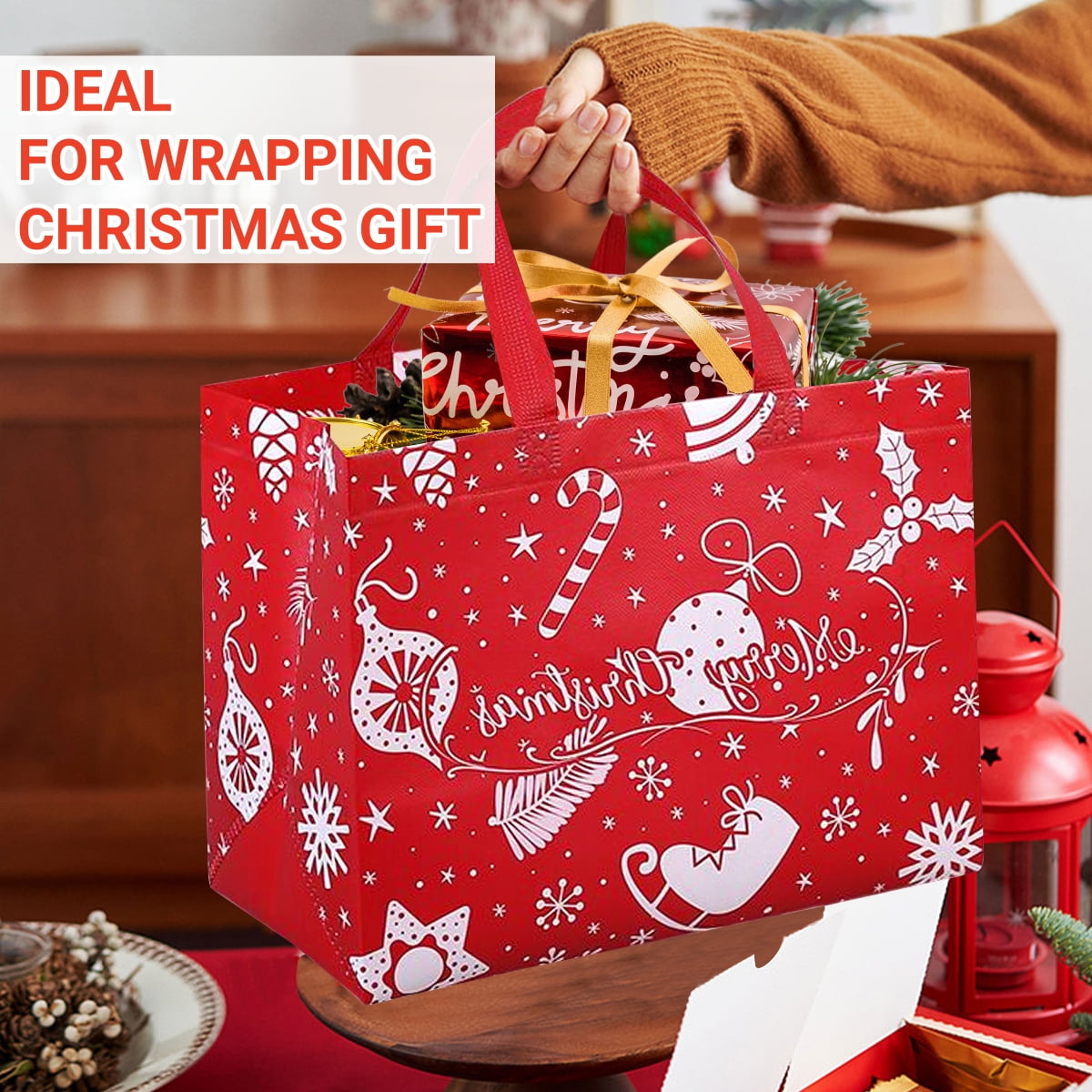 Christmas Gift Bags with Handle Large Reusable Holiday Shopping Bags for Xmas Gifts Wrapping Party Supplies 12.6×9.84×6.69 in 16Pcs