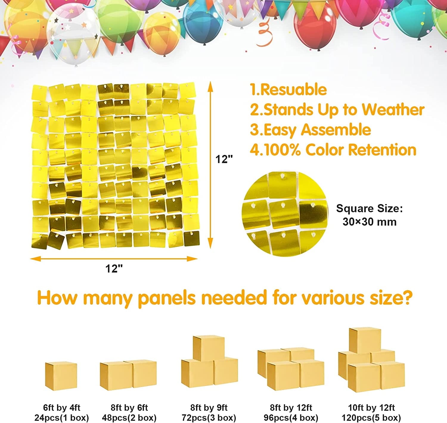 Wall Backdrop with 24 Pcs Gold Square Sequin Panels for Decor of Birthday, Wedding, Party, Graduation and Anniversary