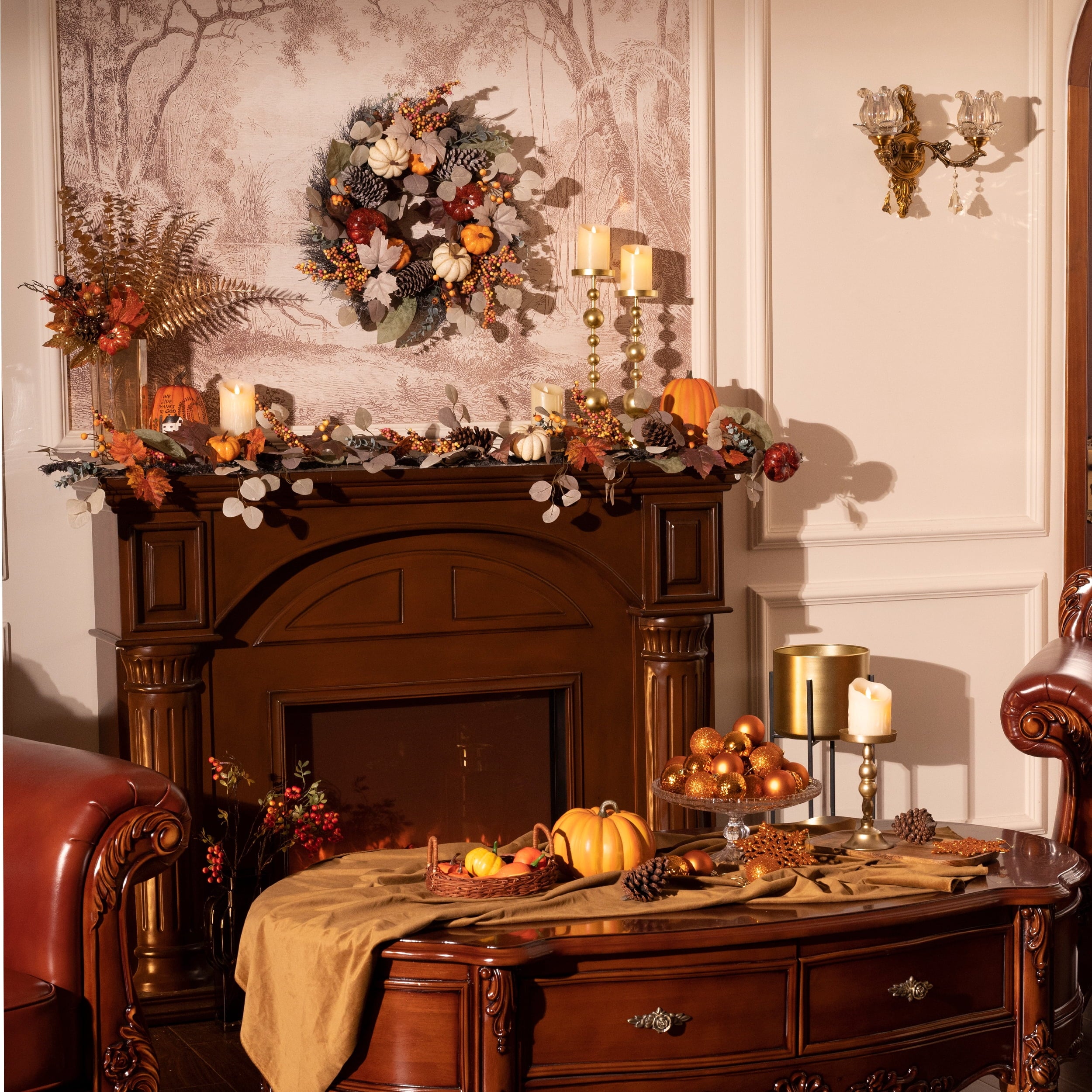 Valery Madelyn 6Ft Pre-Lit Fall Garland Lighted Harvest Garland with Red Orange White Pumpkin & Pine Cone for Thanksgiving Fireplace Farmhouse Front Door Banisters Porch