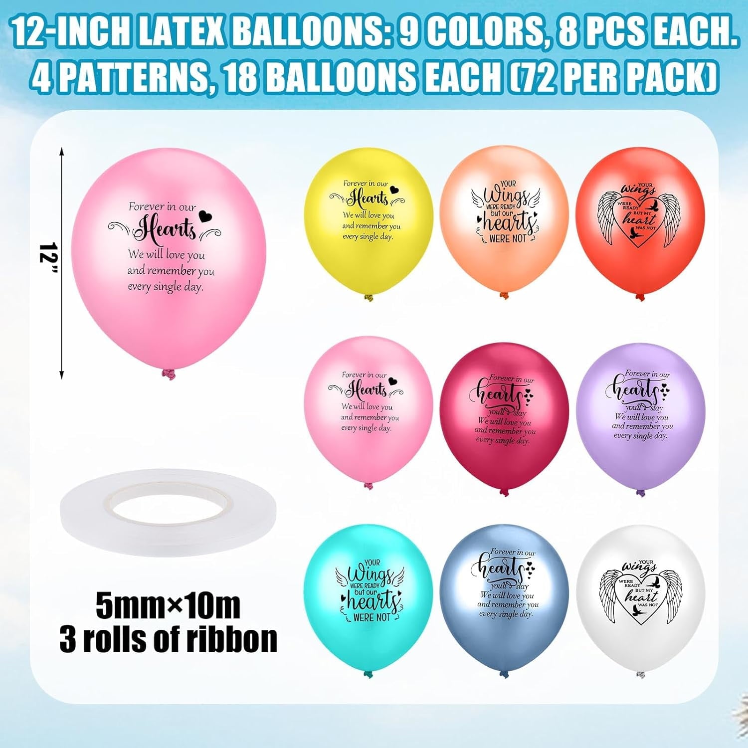 72 Pieces Memorial Balloons Colored Funeral Balloon Memory Balloons to Release in Sky Remembrance Personalized Balloons for Loss Beloved One with 2 Rolls Ribbon for Memorial Decorations