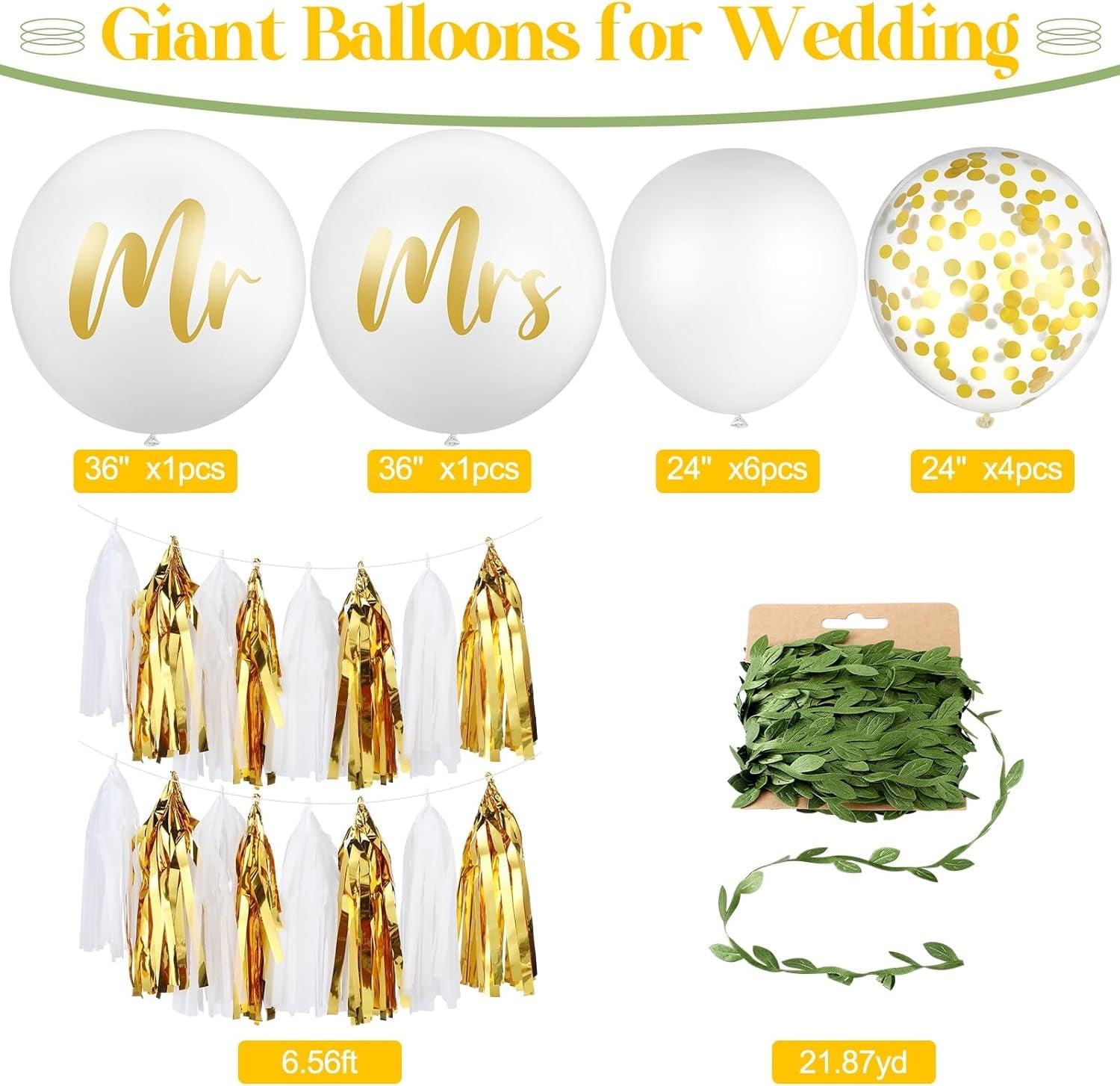 Zaoz 15 Pcs Giant Wedding Balloons Kit 36 Inch Jumbo White Balloons Mr. Mrs. Balloons with Paper Tassel 24 Inch White Large Balloons with 65ft Leaf Ribbon for Wedding Engagement A418