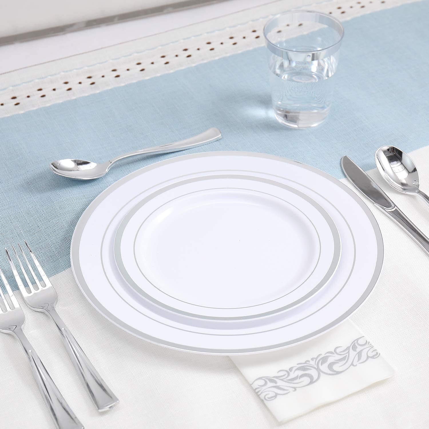 FOCUSLINE Silver Dinnerware Set, Heavy Duty Disposable Plastic Plates, 50 Plastic Plates-25 Plastic Silverware-25 Plastic Cups-25 Paper Napkins, 175 Pack