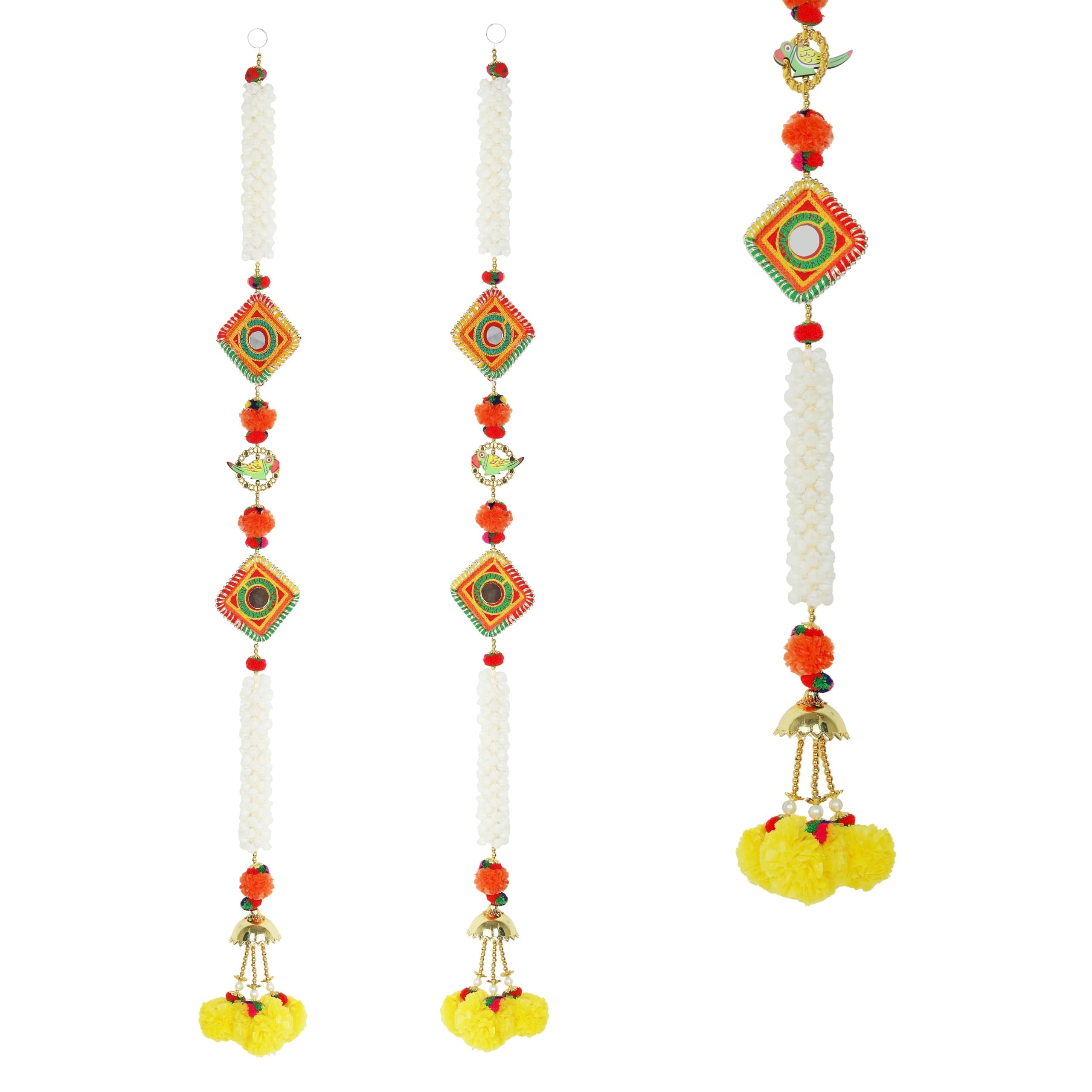 Set of 2 Door Hanging with Artificial Marigold & Mogra Flower with Square Parrot Birds String Hangings for Home Wall Temple Door Festival Indian Traditional Festival Decoration(Size:-40"X4")