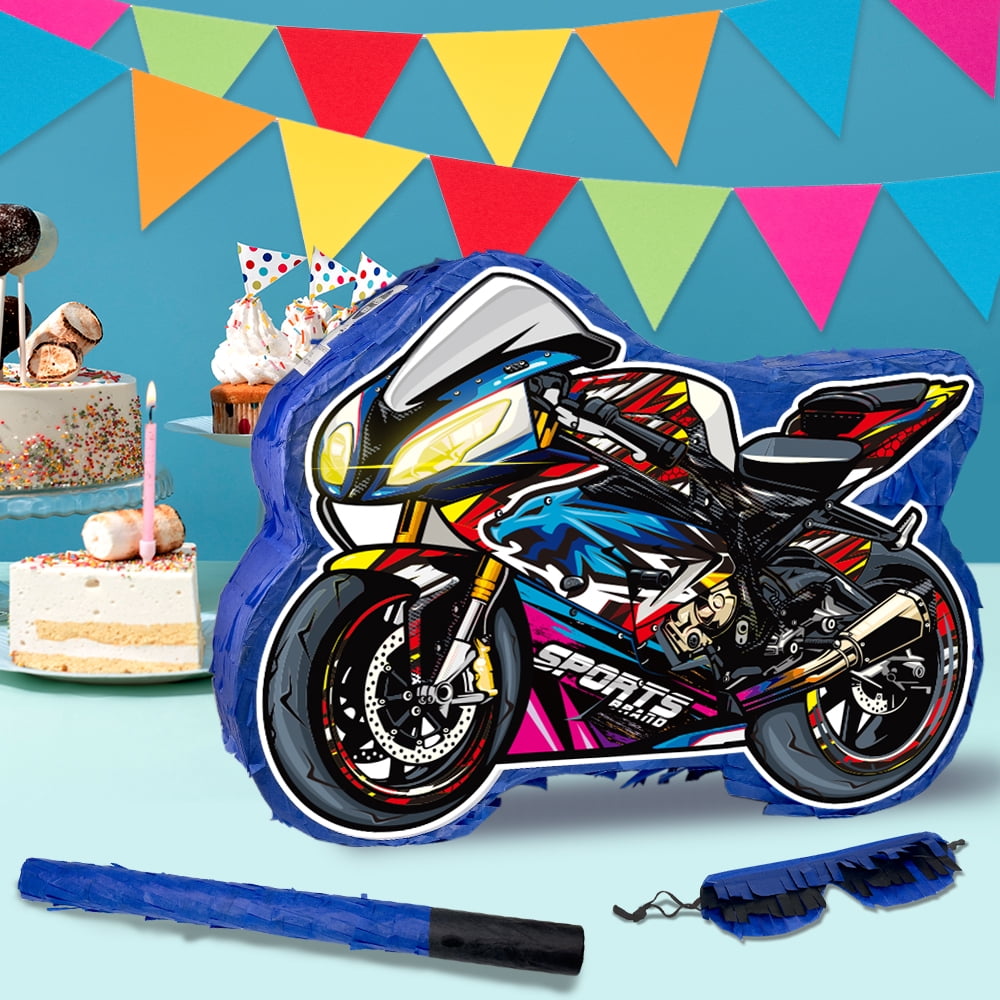 Motorcycle Pinata for Boys Birthday Party Supplies Cool Motorcycles Pinata with Stick and Blindfold for Boys Theme Party Decoration, Small Pinata Birthday Party Supplies