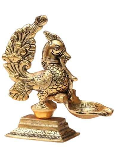Decorative Diya Deepak Pooja Peacock Design Puja Item Religious Brass Oil Lamp for Holi Pooja Aarti Diya Lighting Pooja Kit Lanterns Lamps Indian Traditional Festival (Size:-Height:-4") (Peacock-2)