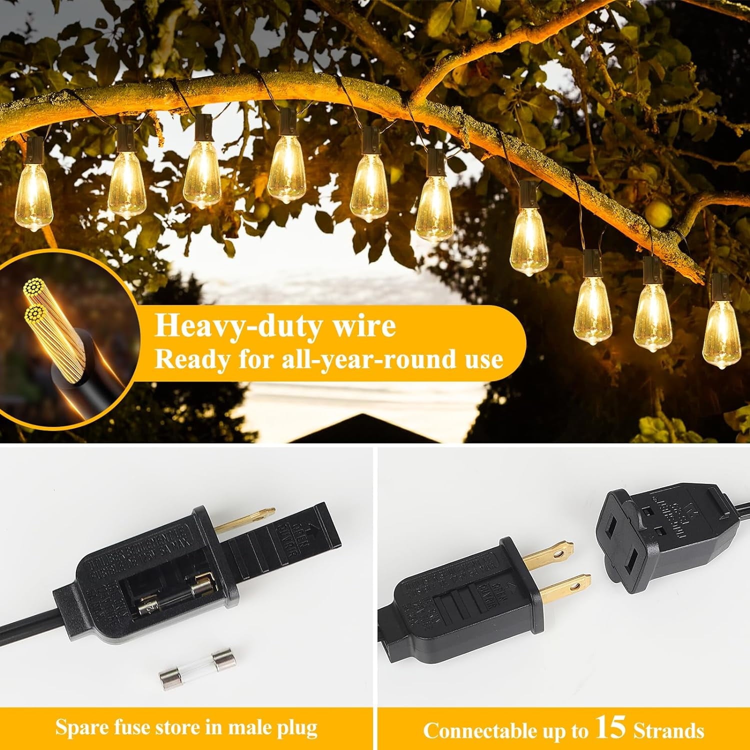 Nordic Hygge LED Outdoor String Lights 100FT Patio Lights with 52 Shatterproof ST38 Vintage Edison Bulbs