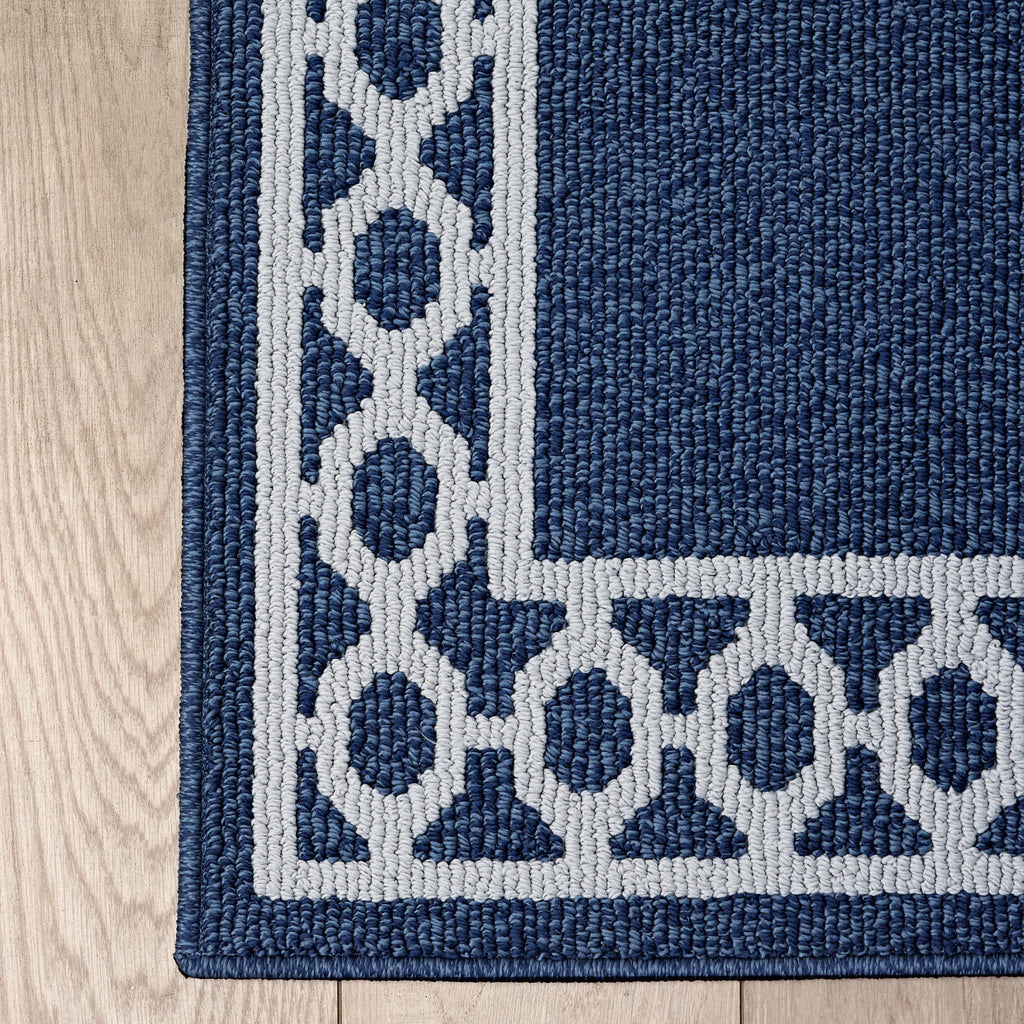 Washable Skid-Resistant Runner Rug, Trellis Border , Denim Twist and Light Grey , 26" x 45"