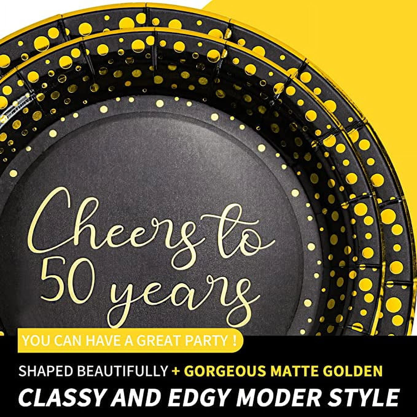 50th Birthday Party Supplies Tableware Serves 24: 9" Paper Plates 7" Plate 9 Oz Cups Napkins Forks Knives Tablecloth 50th Birthday Black & Gold Dot Themed Disposable Dinnerware