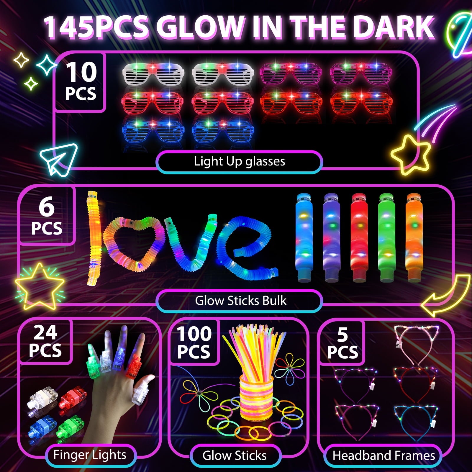 Ayieyill 145pcs Glow in The Dark Party Supplies for Kids Adults, Neon Light Up Halloween Party Favors with Glow Sticks