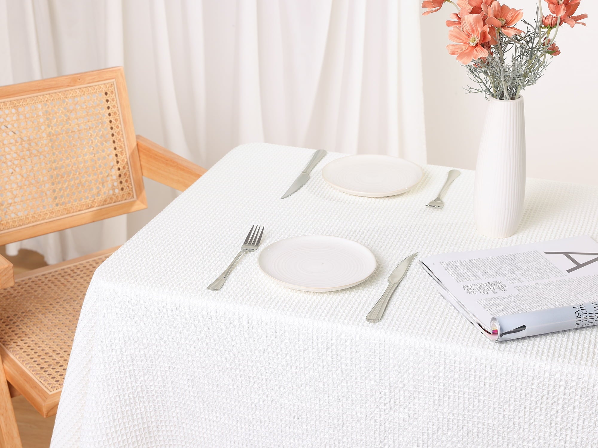 Unique Bargains Rectangle Cotton Linen Table Cover with Tassels for Dining Table White 51"x71"
