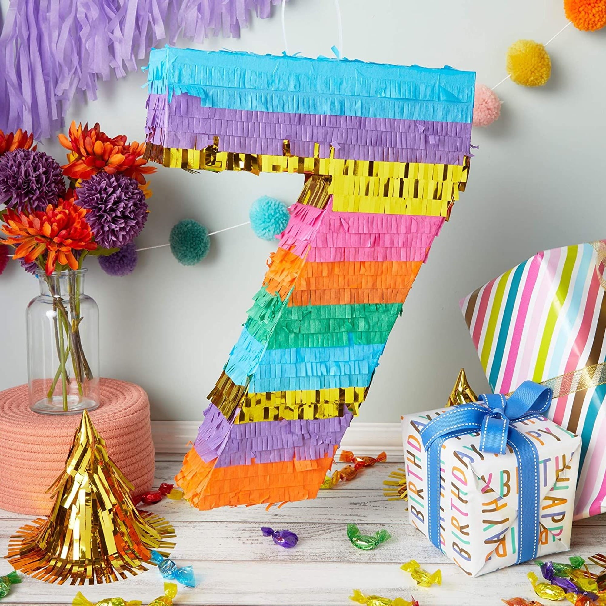 BLUE PANDA Rainbow Number 7 Pinata for Kids Ages 3-14 Birthday Party Decorations, Fiesta, Cinco de Mayo Celebration, Small (12 x 3 x 16.75 In)