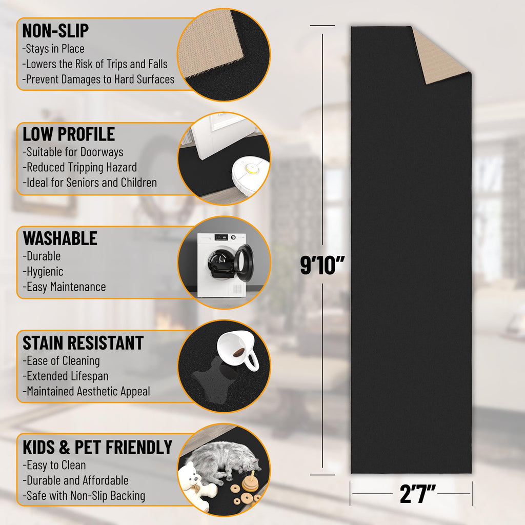 Sweet Home Stores Machine Washable Non-Slip Rubberback Solid 3x10 Runner Rug, 2'7" x 9'10", Black
