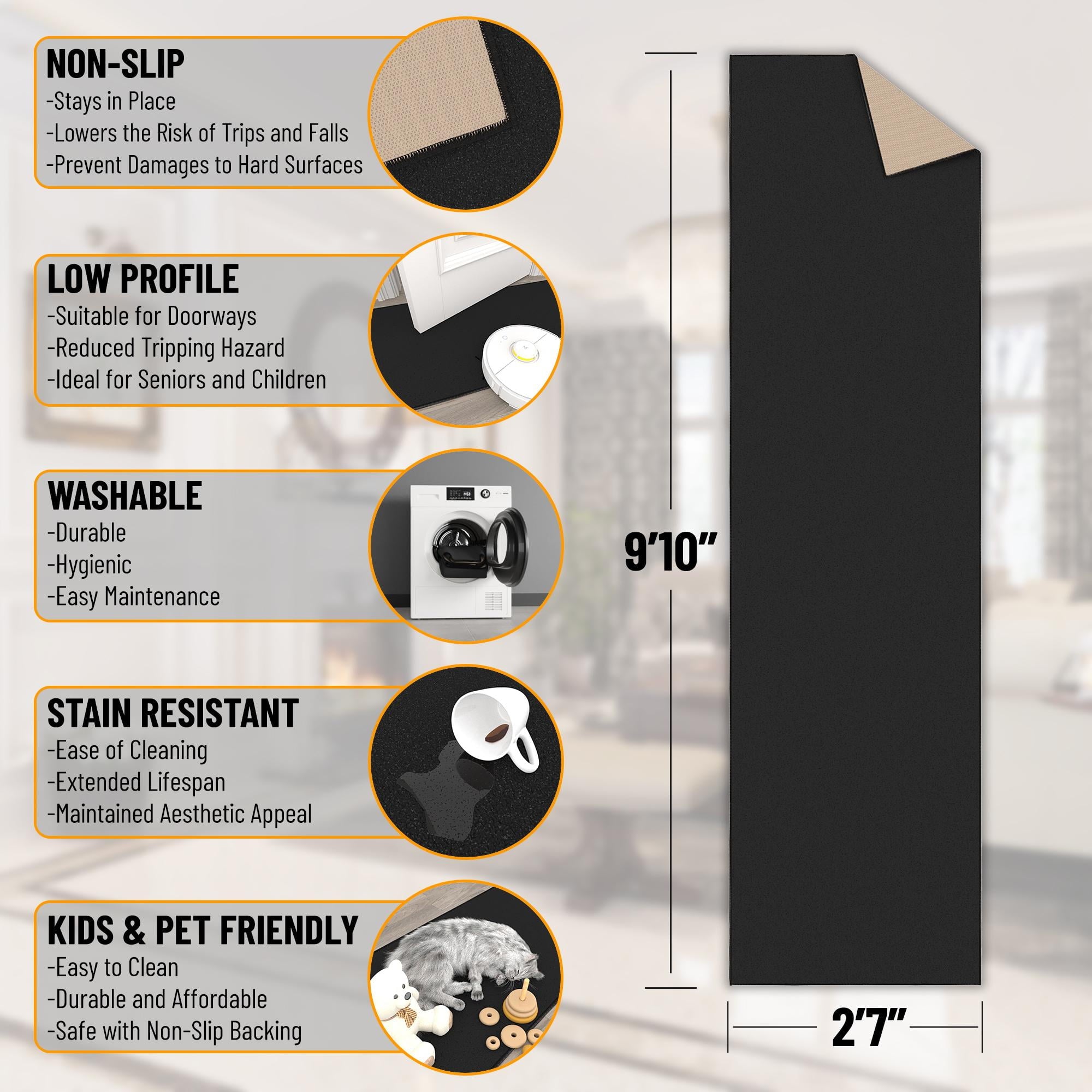 Sweet Home Stores Machine Washable Non-Slip Rubberback Solid 3x10 Runner Rug, 2'7" x 9'10", Black