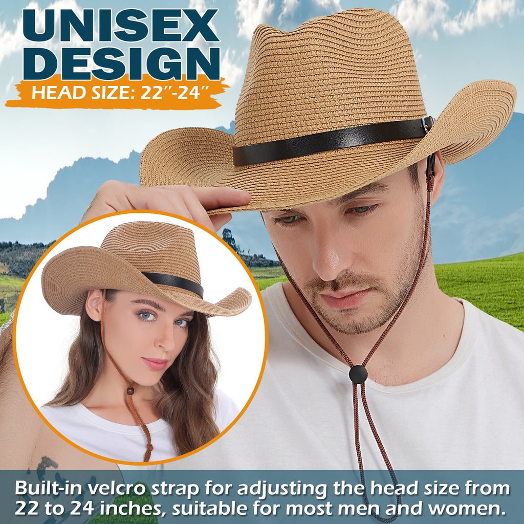 (2 pack) EINSKEY Straw Cowboy Hats for Men, Western Cowgirl Hat Women Wide Brim Fedora for Beach,Khaki