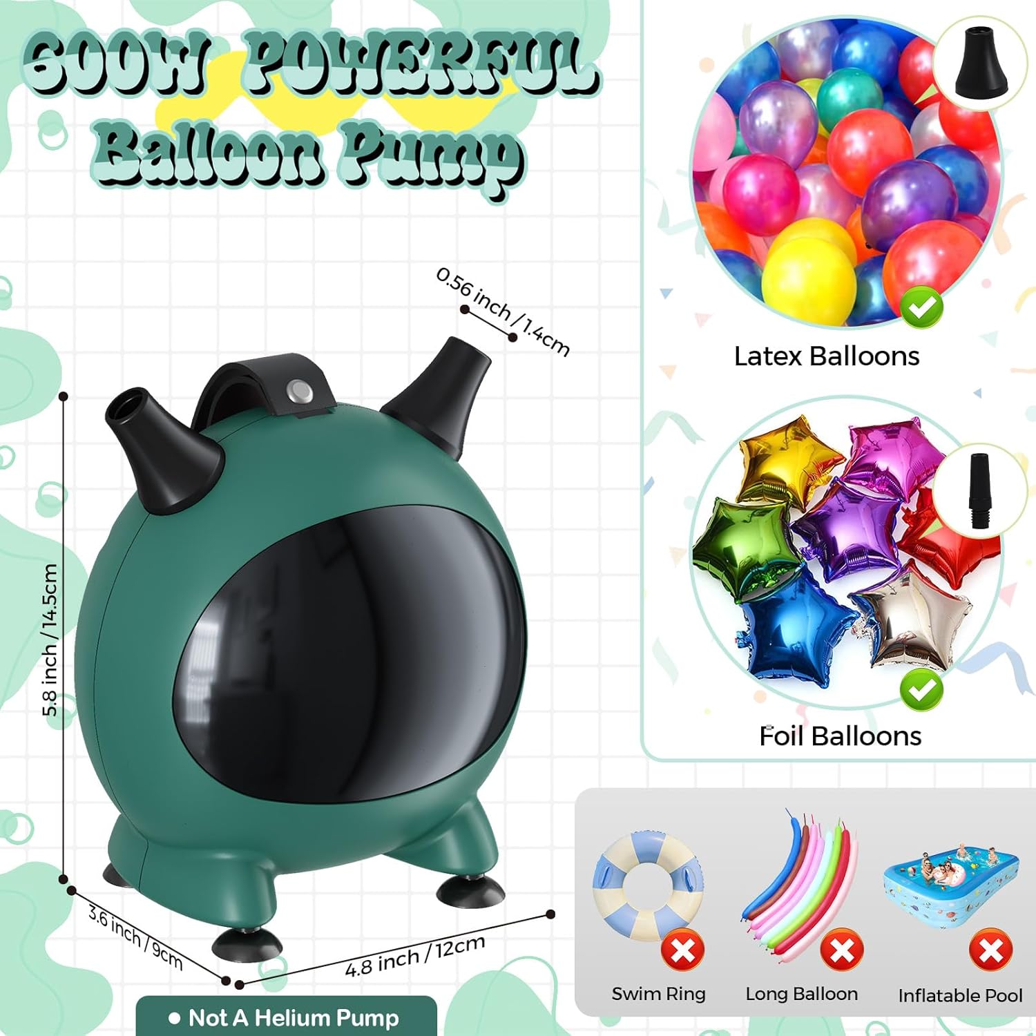 Small Balloon Pump, Portable Air Pump for Balloons with Dual Nozzles, 110V 600W Electric Balloon Blower Pump for Latex Garland Arch and Foil Balloons