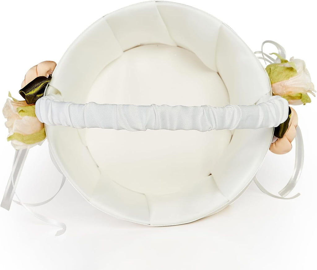 Ivory Flower Girl Basket Set of 3, 2 Flower Girl Baskets & 1 Ring Bearer Pillow with Floral Accent Ivory