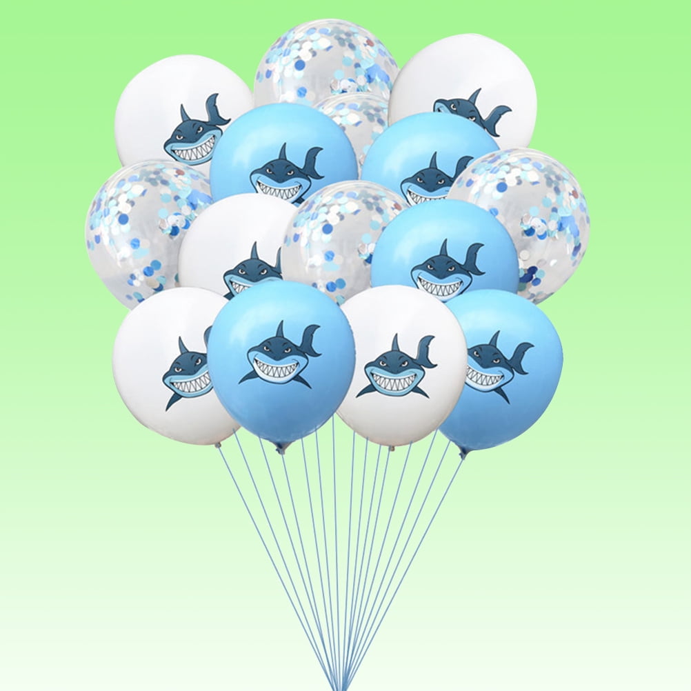Yongwei party latex balloons 15pcs 12 Inch Shark Printed Balloons Sequins Balloons Party Supplies without Ribbon (5pcs White+5pcs Blue+5pcs Blue Confetti)