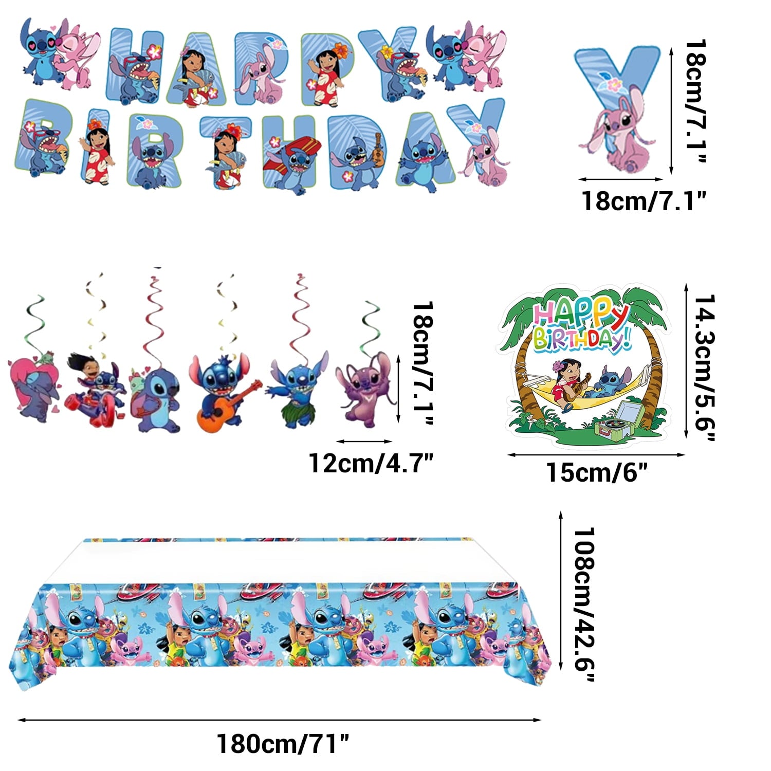 Birthday Party Stitch 189 Pcs Decoration Set - 24 Cake Toppers, 18 Balloons, 1 Happy Birthday Banner, 1 Large Cake Topper, 1 Table Cloth, 18 Latex Ballnoon, 3 Foil Balloons Party Supplies for Fans.