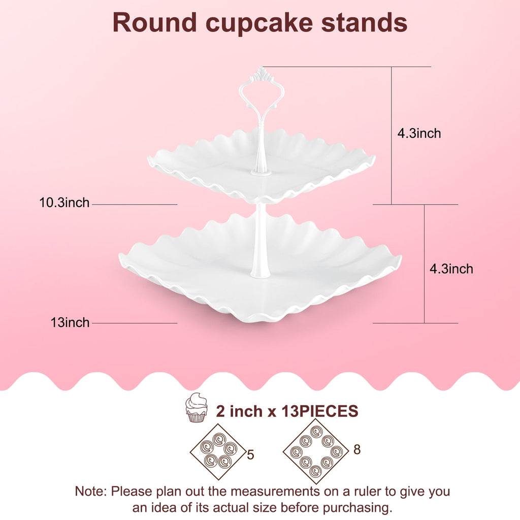 TINANA 10 PCS Plastic Cake and Cupcake Stand Set, 3 Two-Tier Stands, 3 Three-Tier Stands, 4 Appetizer Trays, for Birthday, Bridal, and Baby Shower Parties, White