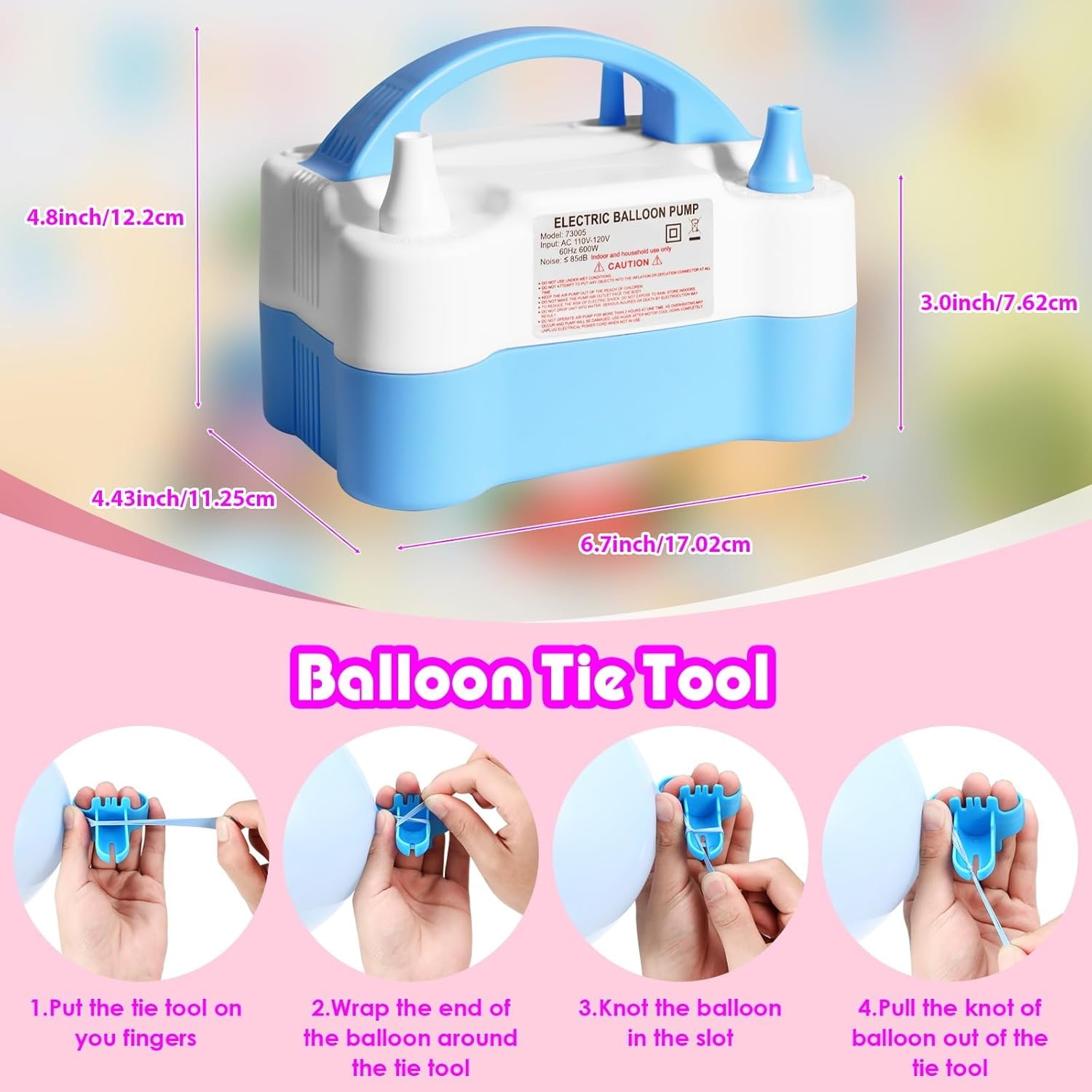 Balloon Pump Electric, Portable Automatic Dual Nozzle Inflator 110V 600W with Tying Tools for Birthday Gender Reveal Baby Shower Balloons Party Decorations