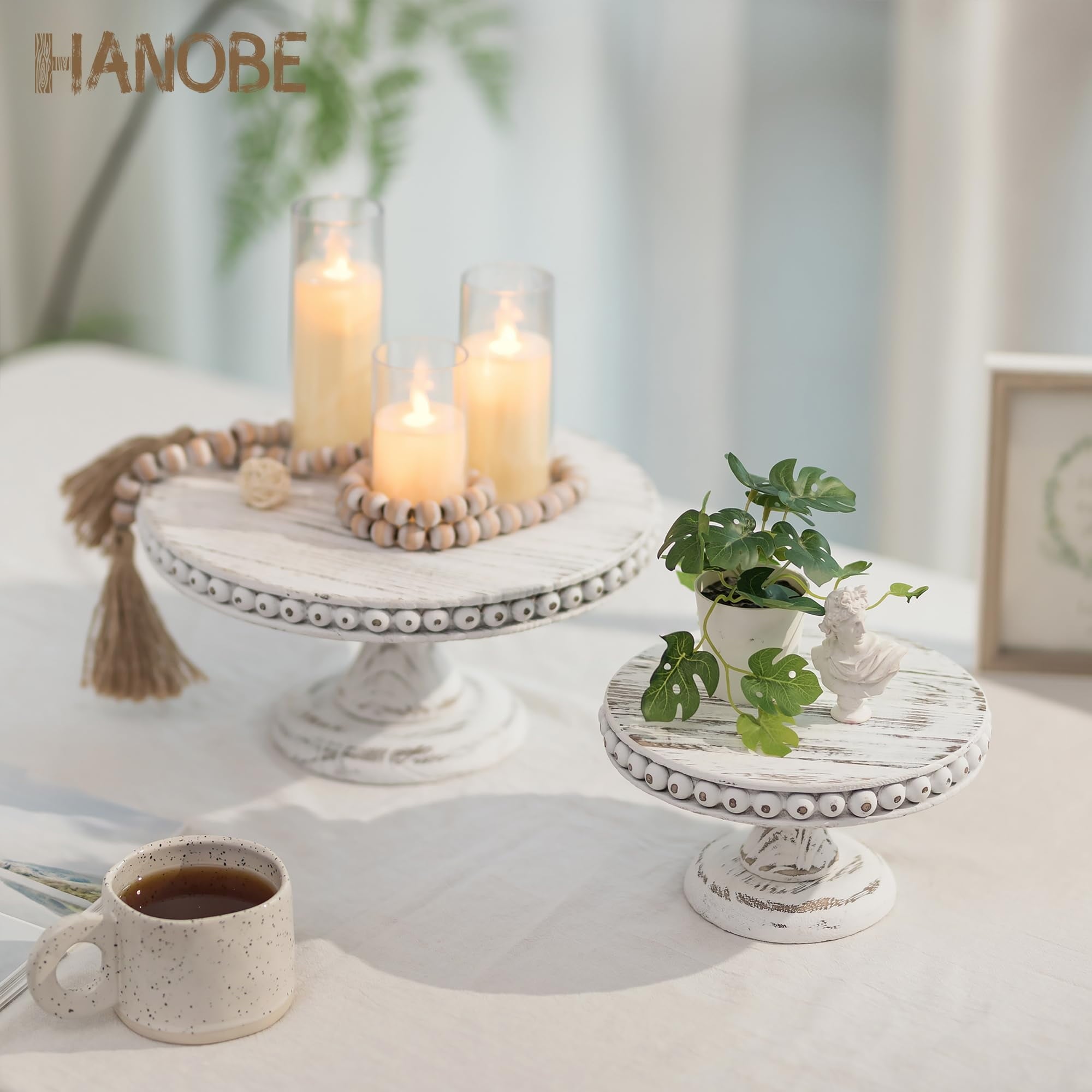 Hanobe Rustic Cake Stand 11.8 Inch Wood Dessert Display Riser Vintage Beads Cake Stand for Wedding Reception Decoration