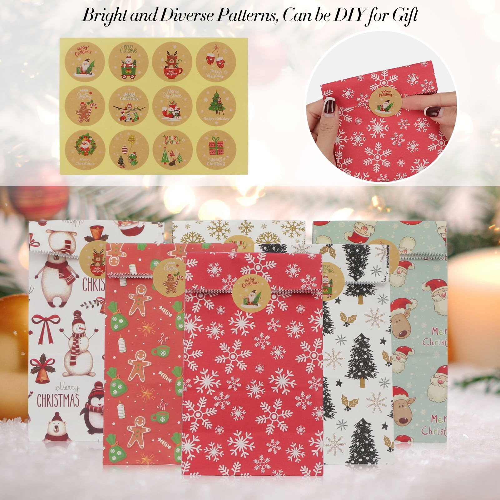 Toplive Christmas Paper Bags, [12 Pack ]Party Gift Candy Treat Bag 6 Patterns Christmas Gift Bags with 12 Pcs Christmas Label Stickers for Party Favors, Holiday Goodie Wrapping