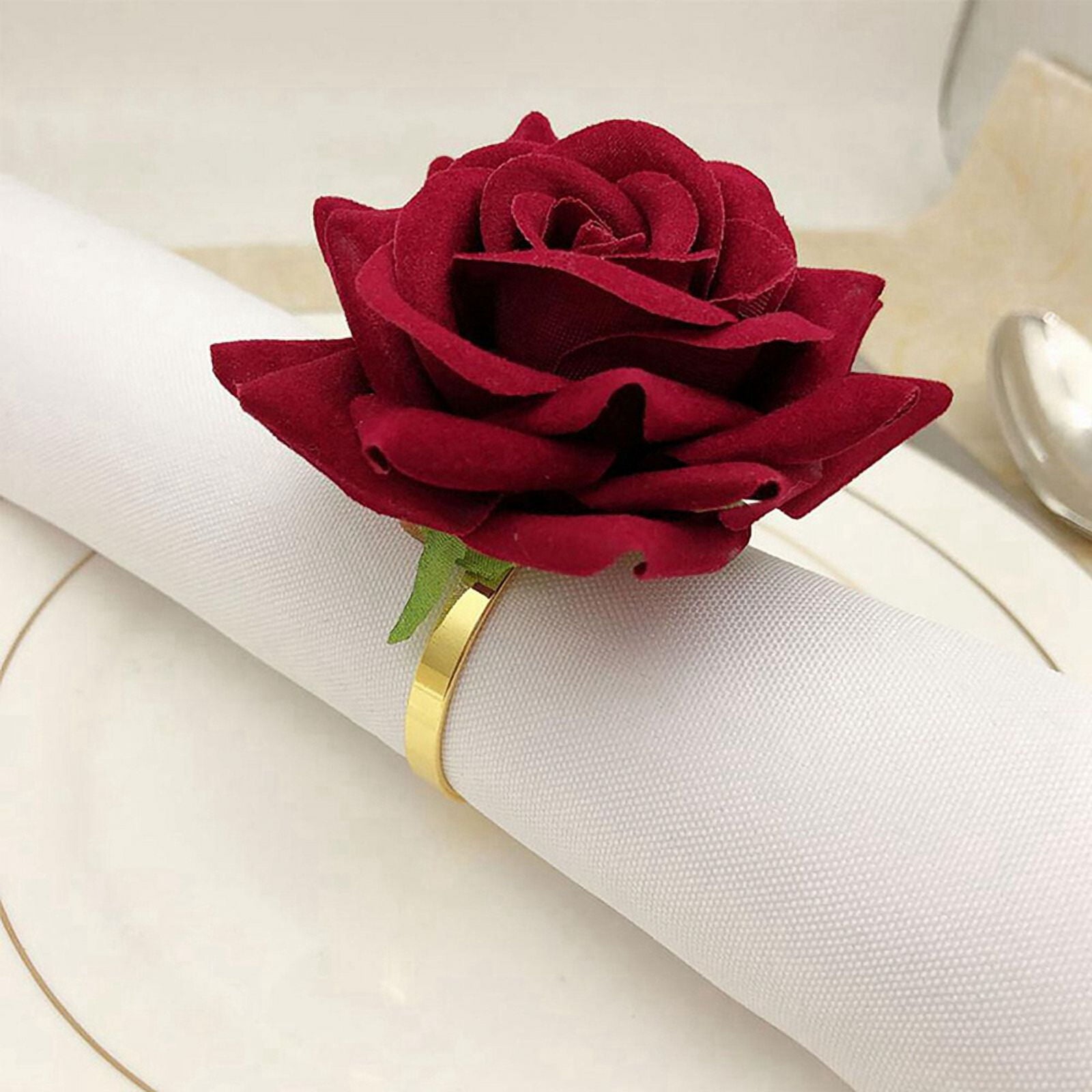 48 PCS Red Rose Shape Towel Buckle Napkin Ring Wedding 's Day Hotel Table Decor Metal Gold Napkin Holder