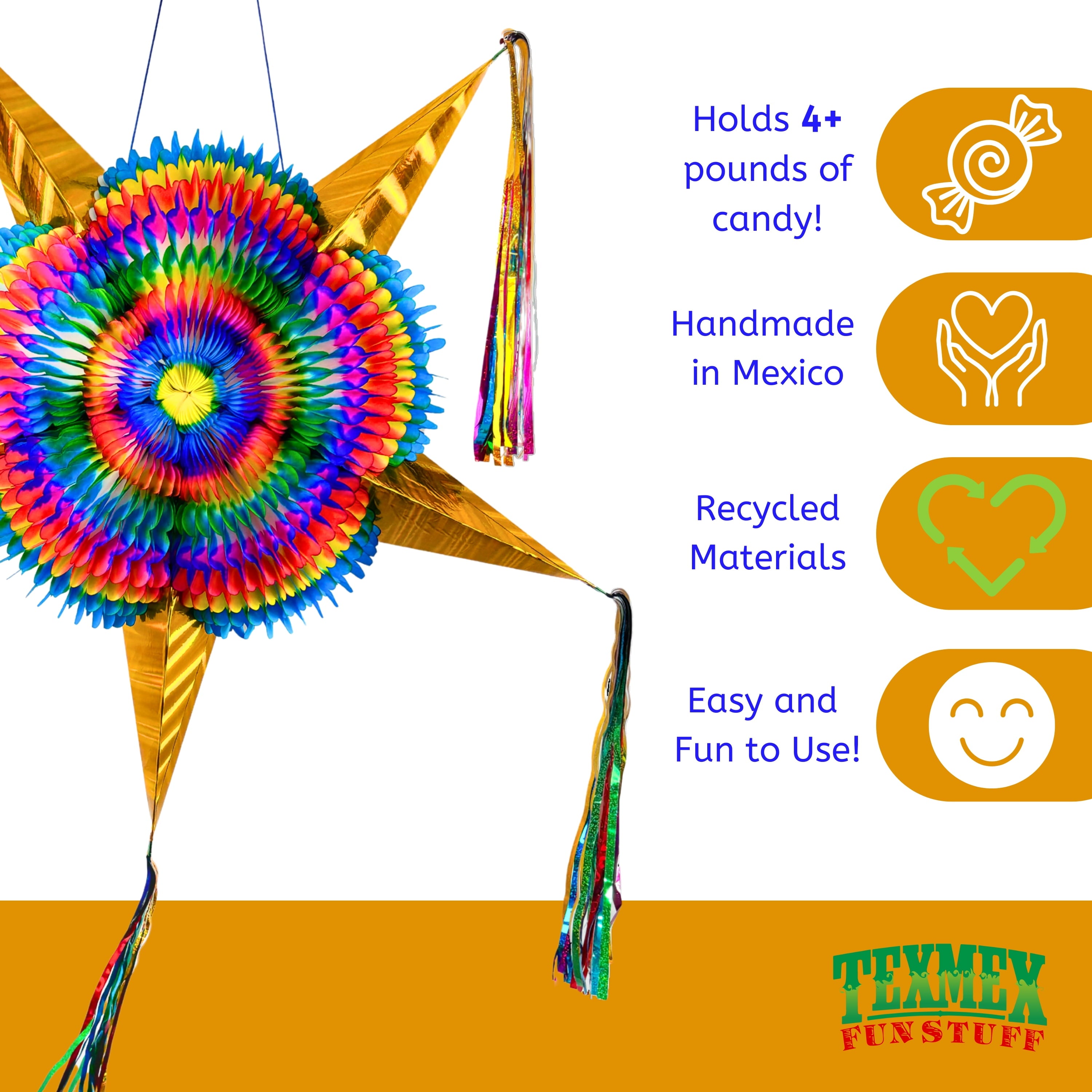Extra Large 32" Pinata, Mexican Star with Gold Cones and 30-ft Rope - Handmade, Foldable Piñata for Birthday Parties and Mexican Fiestas