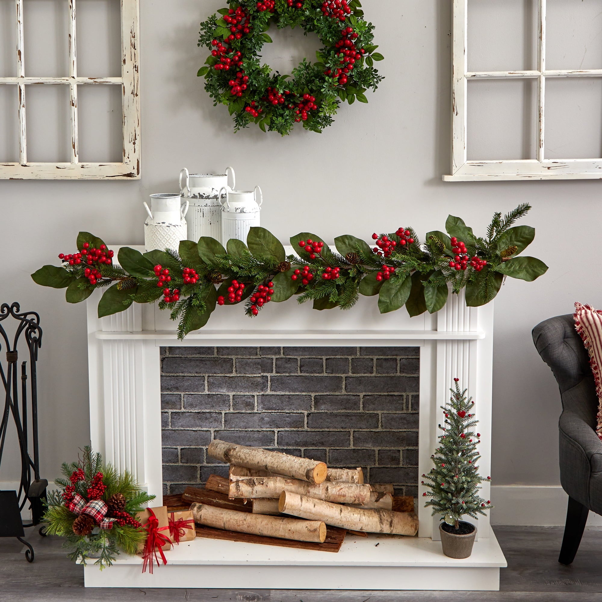 Nearly Natural 5' Christmas Magnolia Berry Pine Artificial Garland, Green