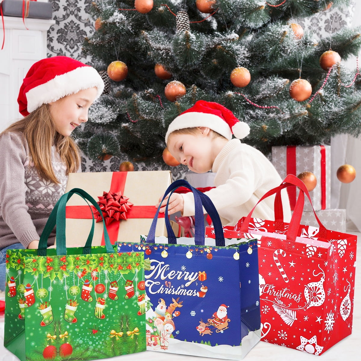 Christmas Gift Bags with Handle Large Reusable Holiday Shopping Bags for Xmas Gifts Wrapping Party Supplies 12.6×9.84×6.69 in 16Pcs