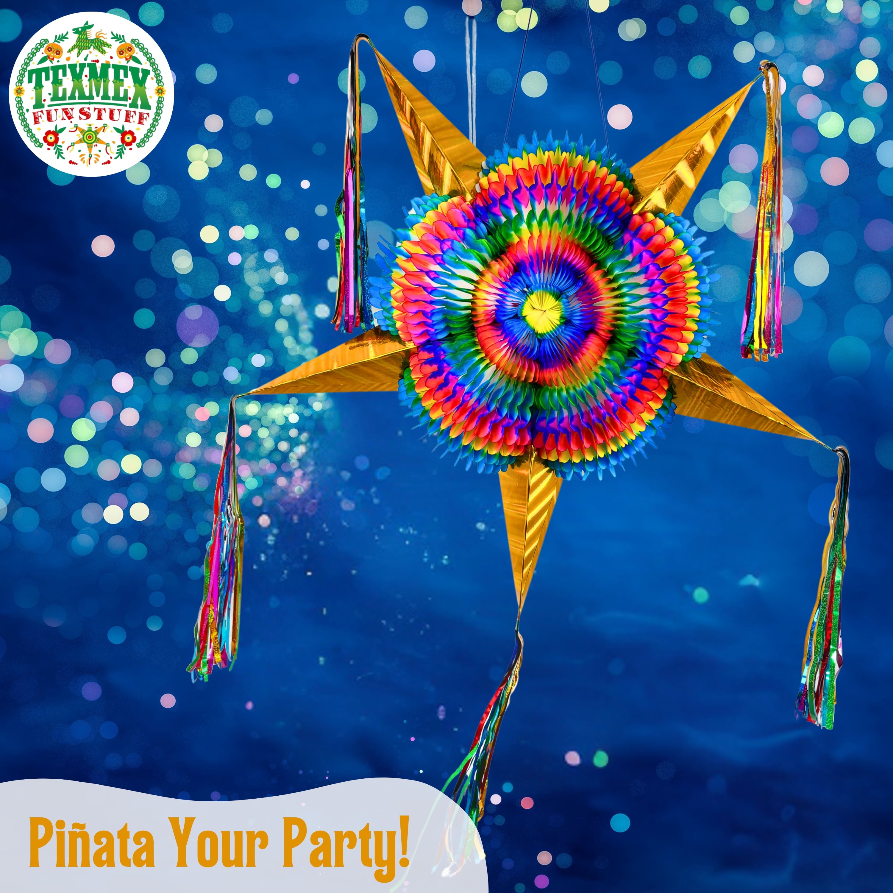 Extra Large 32" Pinata, Mexican Star with Gold Cones and 30-ft Rope - Handmade, Foldable Piñata for Birthday Parties and Mexican Fiestas