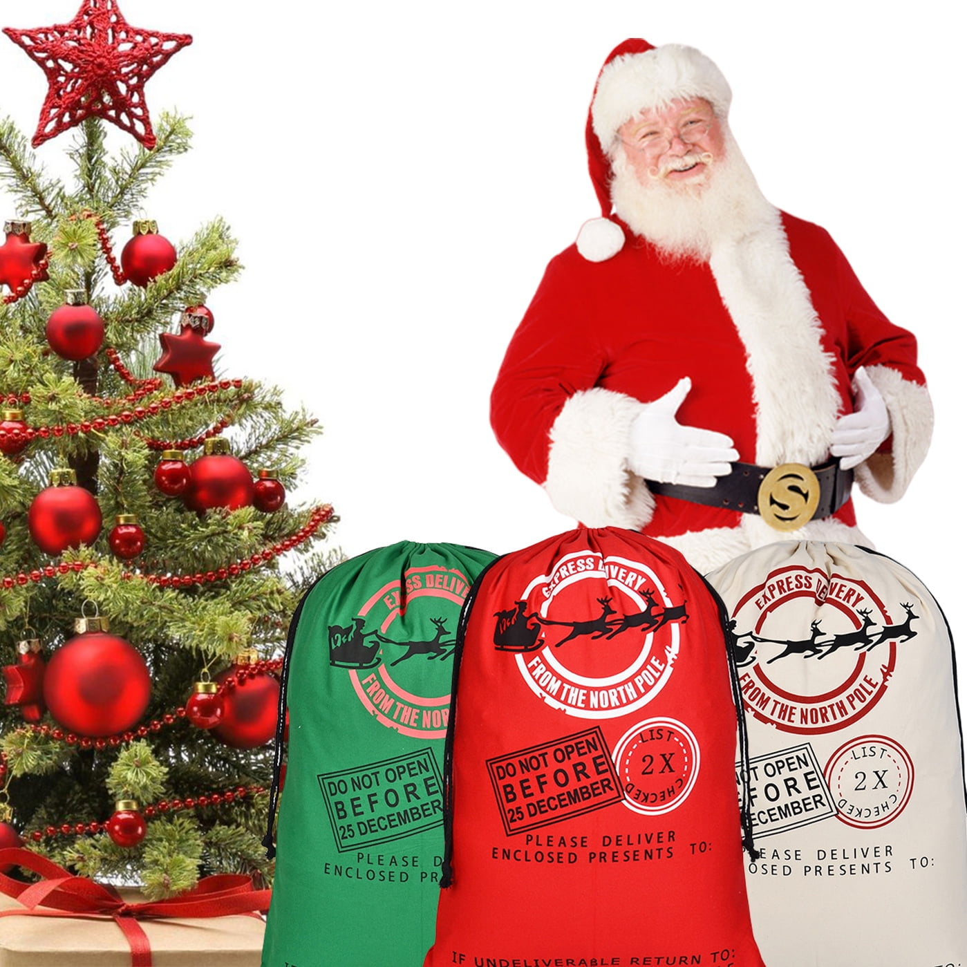 Christmas Bags Gift Sacks Drawstring Large Reusable Burlap Xmas Santa Sacks Gift Bags for Package Storage Party Supplies 3-Pack Design1