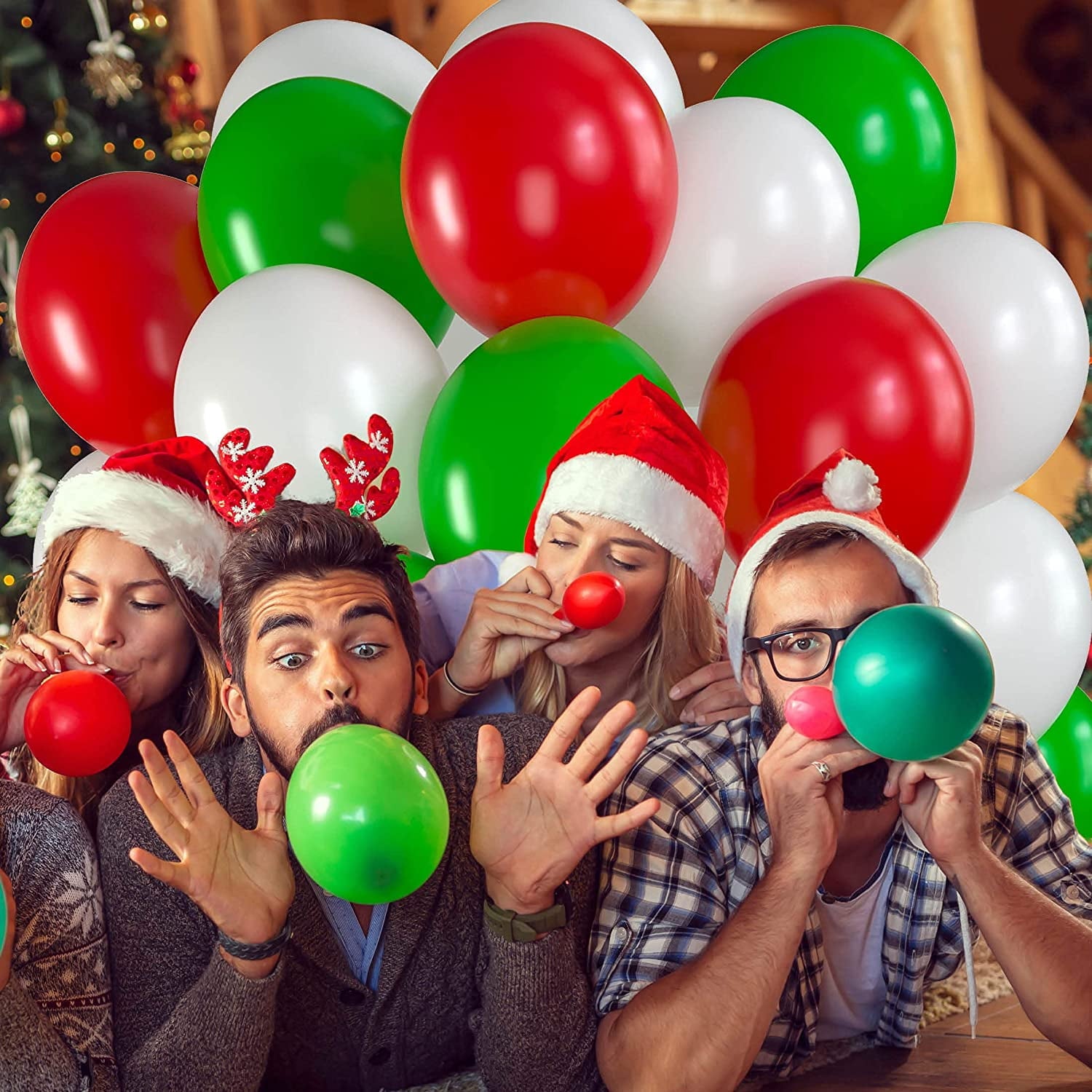Christmas Party Balloons 12 Inch Red, Green and White Balloons with Ribbon for Christmas Decorations or Xmas Color Themed Party, Weddings, Baby Shower, Birthday Parties, Helium Quality-75 pack