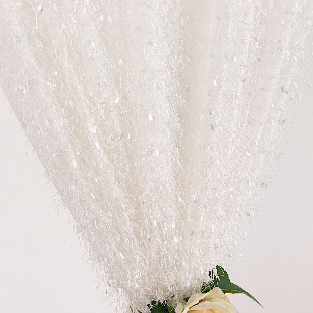 BalsaCircle 8x8 feet White Shaggy Fringe Polyester Backdrop Curtain Panel Party Events Home Decorations Supplies