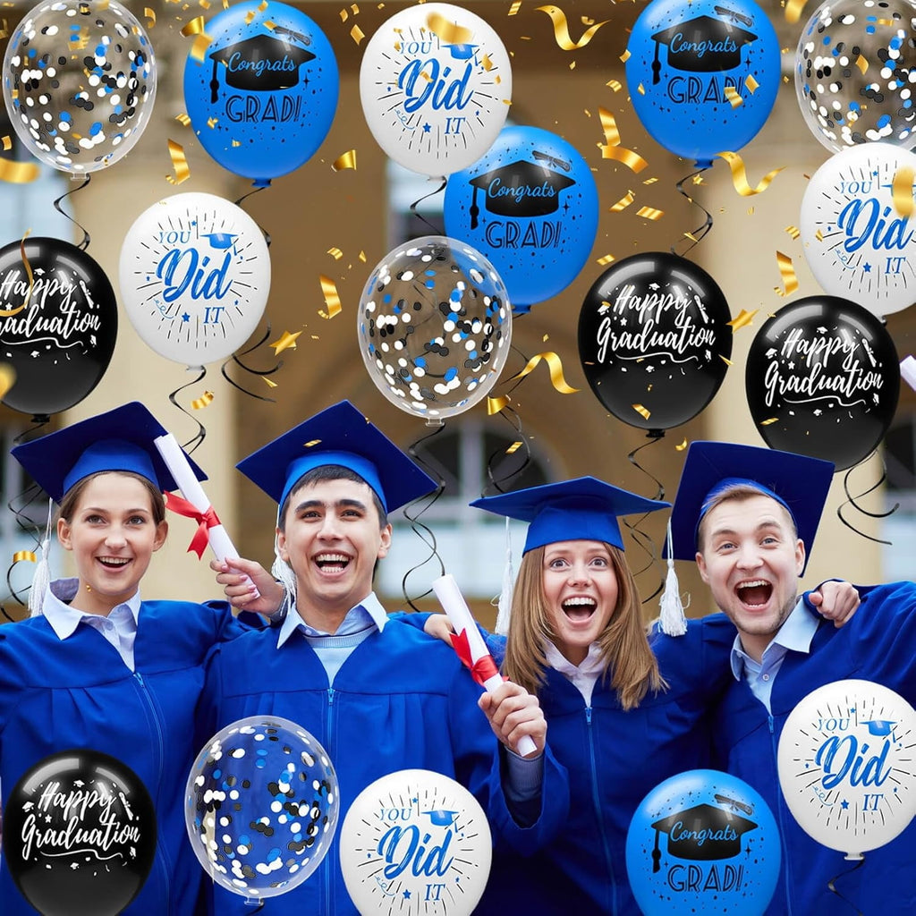 80 Pack Blue And Black Graduation Balloons Class Of Graduation Decorations - 12 Inch Royal Blue White Congrats Grad Balloons With Ribbons, Grad Party Decorations For College, High School
