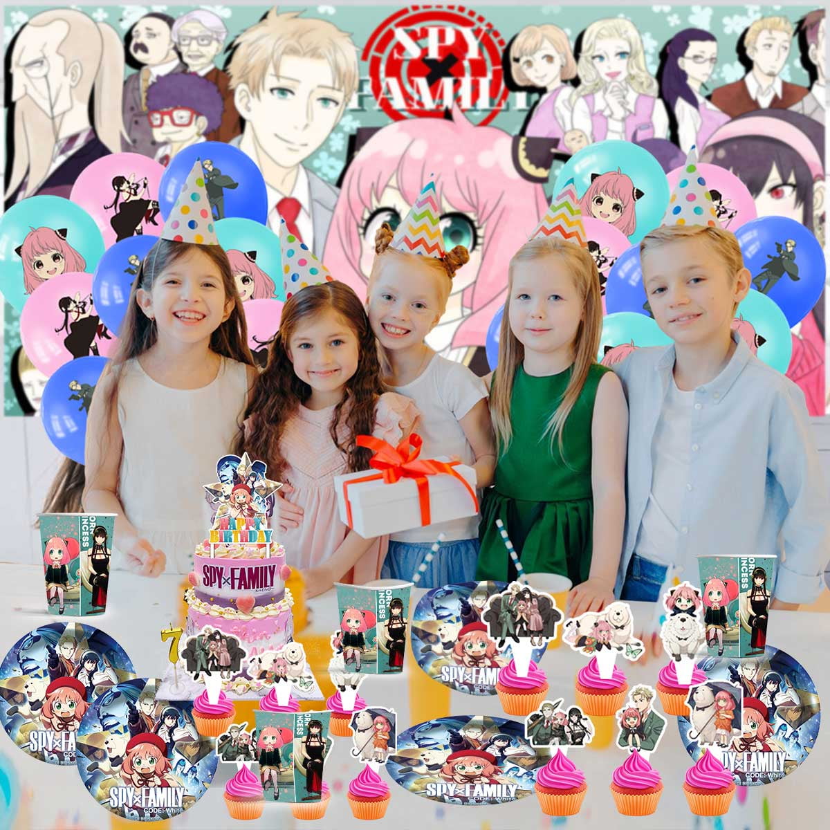 Spy family Party Supplies Cake Topper Decor Banner Backdrop Tableware Balloons Birthday Decorations