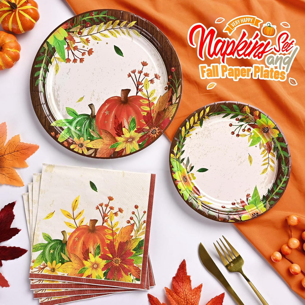 Waipfaru 200 Pcs Fall Paper Plates and Napkins Set, Serves 50,Heavy Duty Disposable Dinnerware for Harvest Thanksgiving Party Supplies