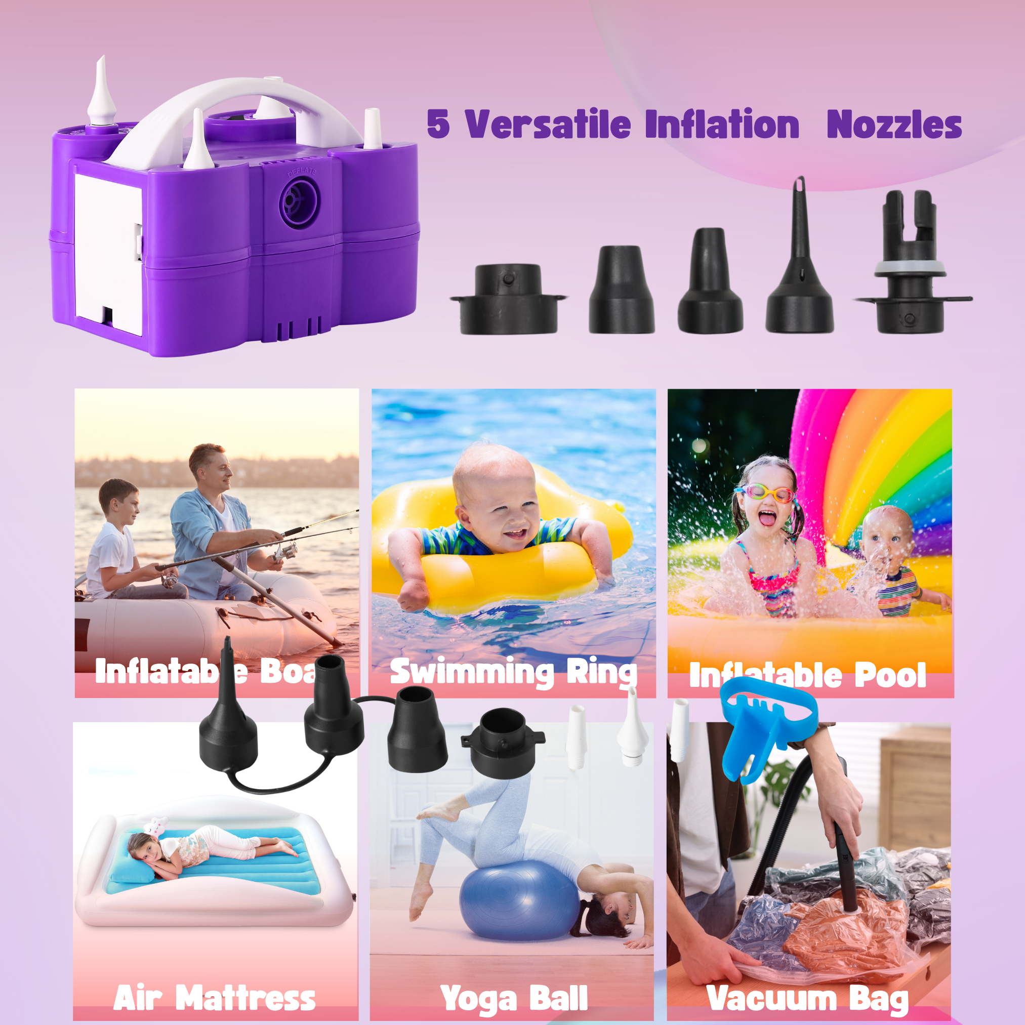 GreatWhip Multi-Purpose Electric Air Pump – Inflate Balloons, Air Beds, Pool Floats & Compression Bags – Rechargeable, 4 Nozzles, UL Certified, Fast  Inflation