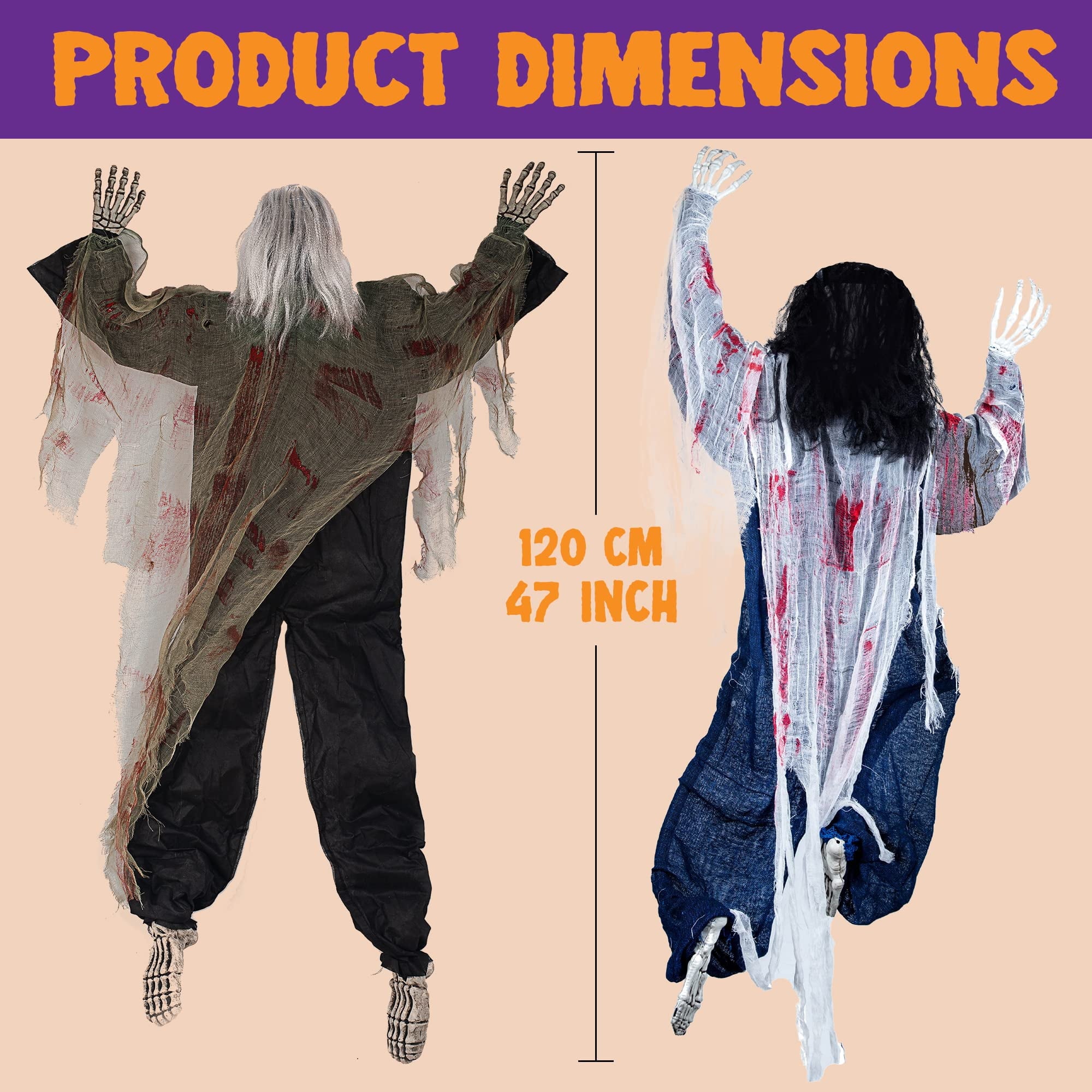 Joyfy 2 Pack 47 inch Halloween Decor Climbing Zombie Skeleton with Bloodstains,Halloween Hanging Decorations Indoor and Outdoor Yard Decorations