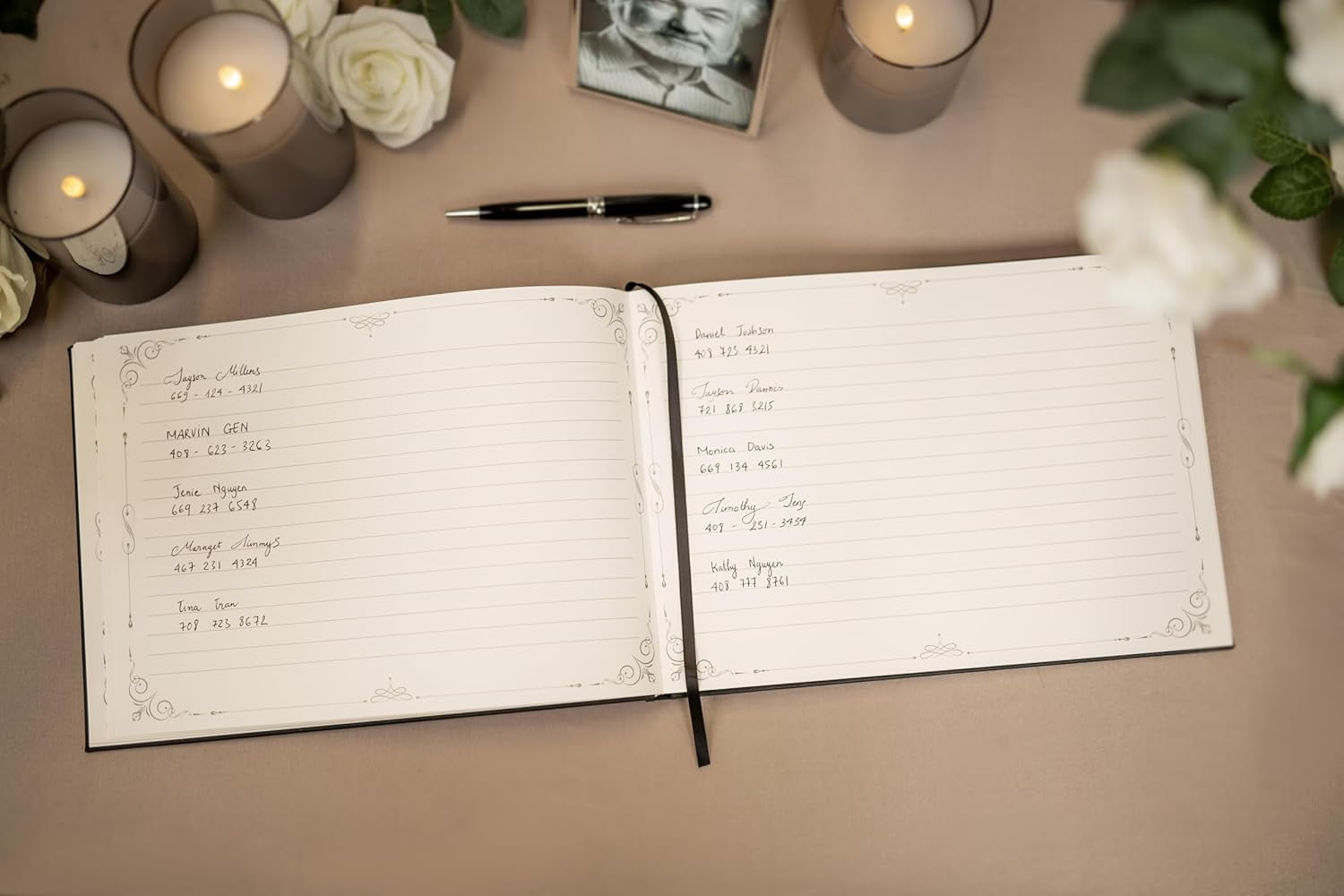 In Loving Memory Embossed Guest Book with Arched Photo Slot - Charcoal Black Leatherette PU Guestbook for Funeral Memorial