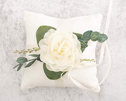 Ring Bearer Pillow - Ivory Linen-look Ring Bearer Pillow - Wedding Ring Pillow - Modern Ring Bearer Cushion with Eucalyptus Greenery by