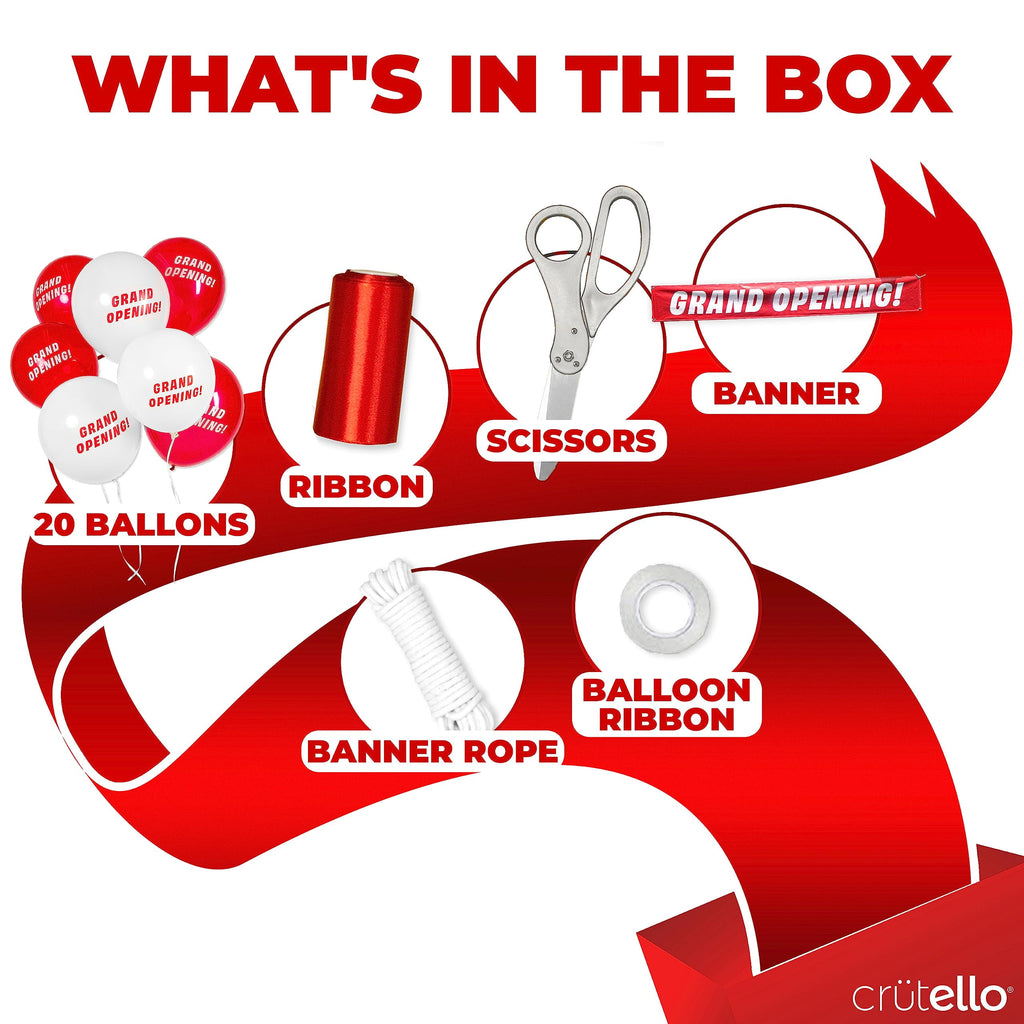 Crutello Ribbon Cutting Ceremony Kit - 21" Giant Red Scissors with Grand Opening Banner and 30 Foot Large Red Ribbon 4" Wide, 20 Balloons, 90 ft Balloon and 20 Feet Banner Rope for Decorations